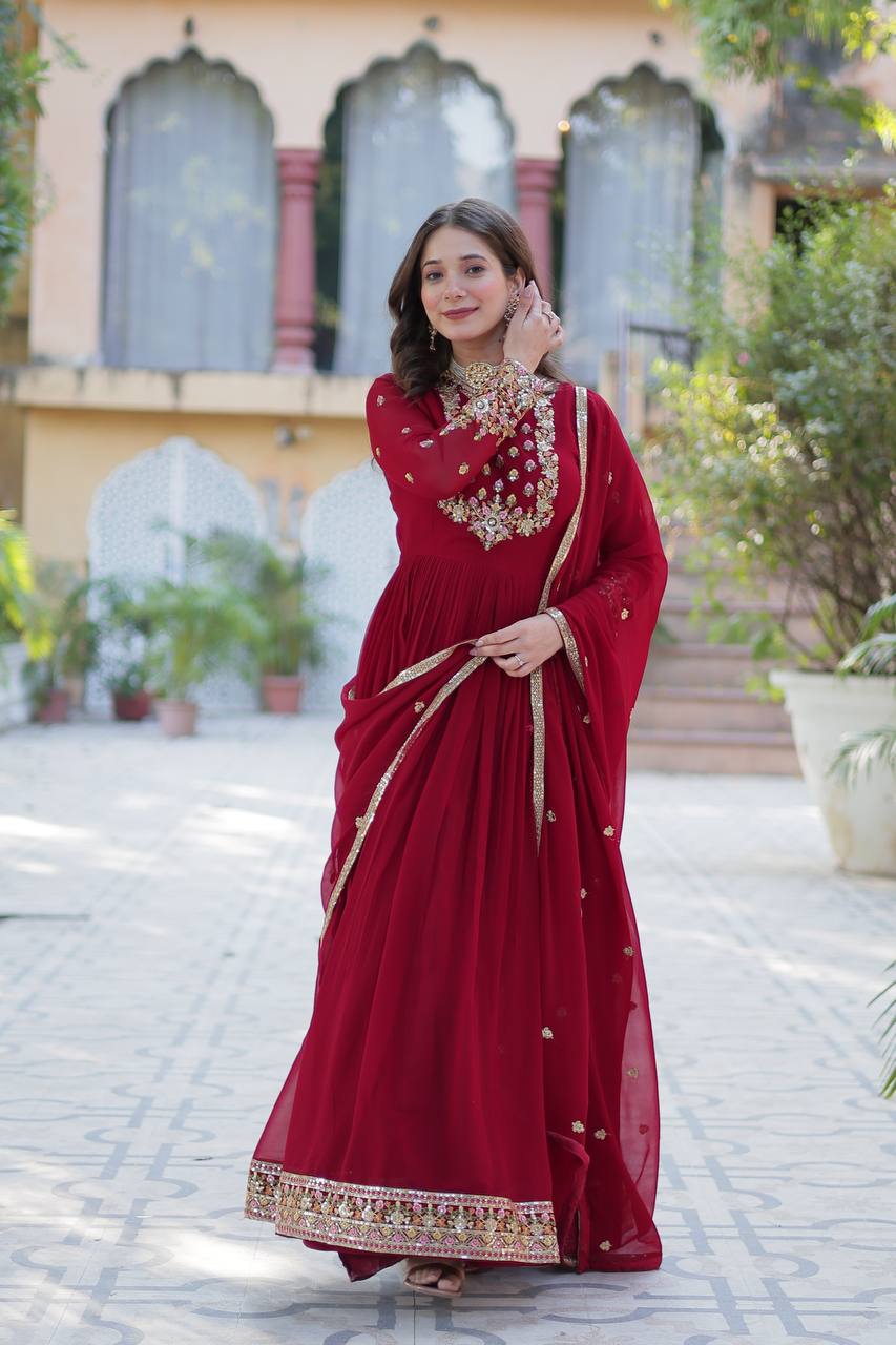 Ravishing Faux Georgette Rich Sequins Embroidered Gown With Dupatta - Ethnicwish