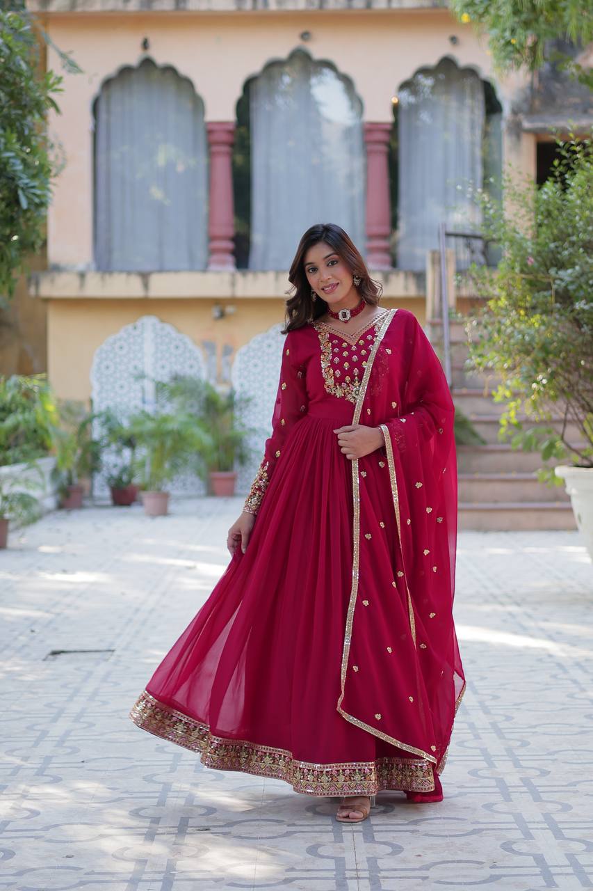 Ravishing Faux Georgette Rich Sequins Embroidered Gown With Dupatta - Ethnicwish