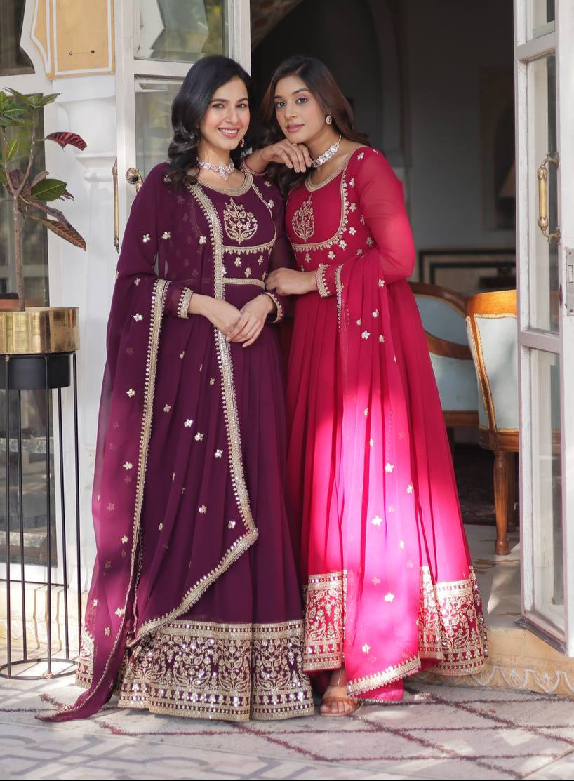 Radiant Faux Georgette Sequins Embroidered Gown With Dupatta - Ethnicwish