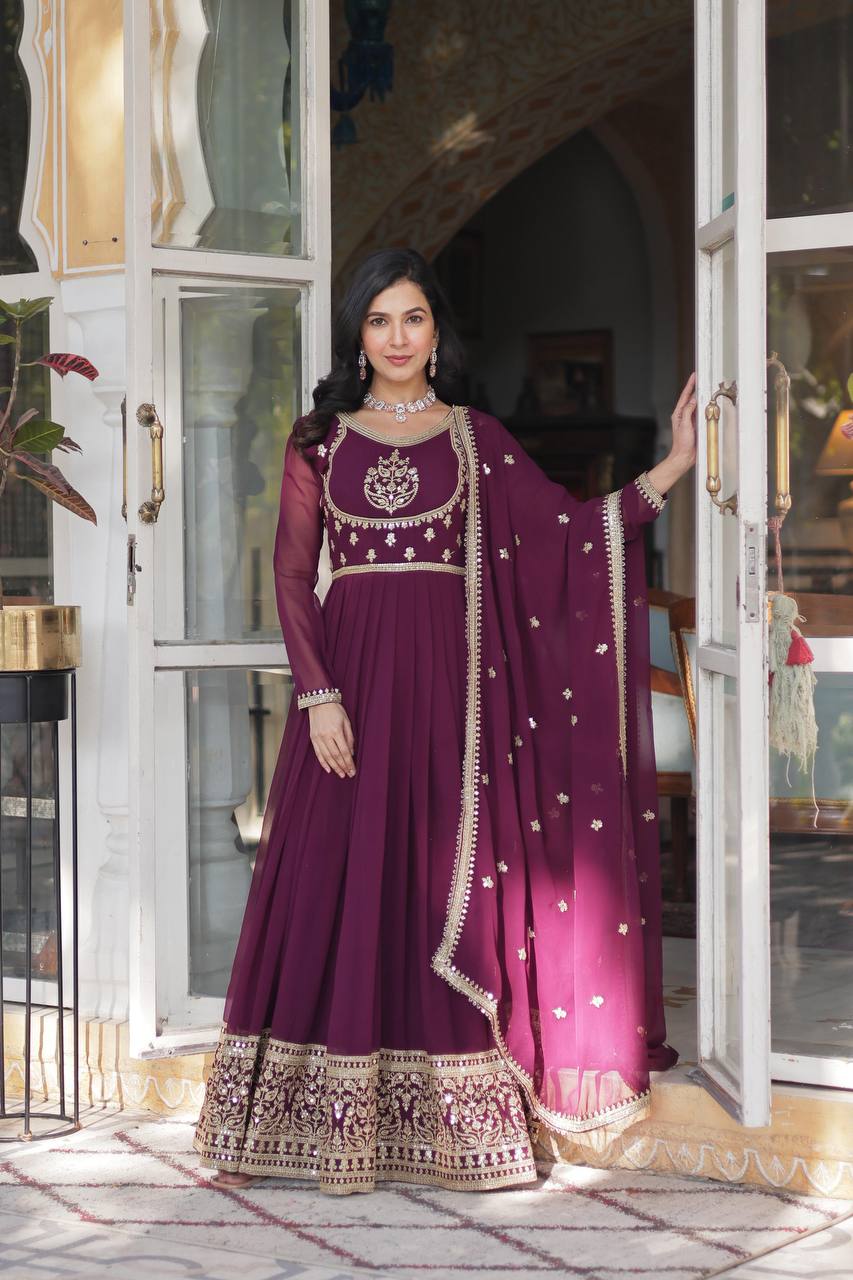 Radiant Faux Georgette Sequins Embroidered Gown With Dupatta - Ethnicwish