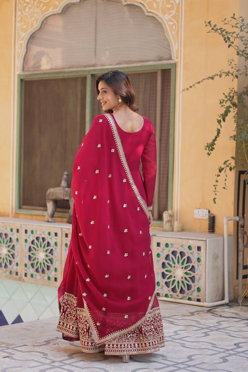 Radiant Faux Georgette Sequins Embroidered Gown With Dupatta - Ethnicwish