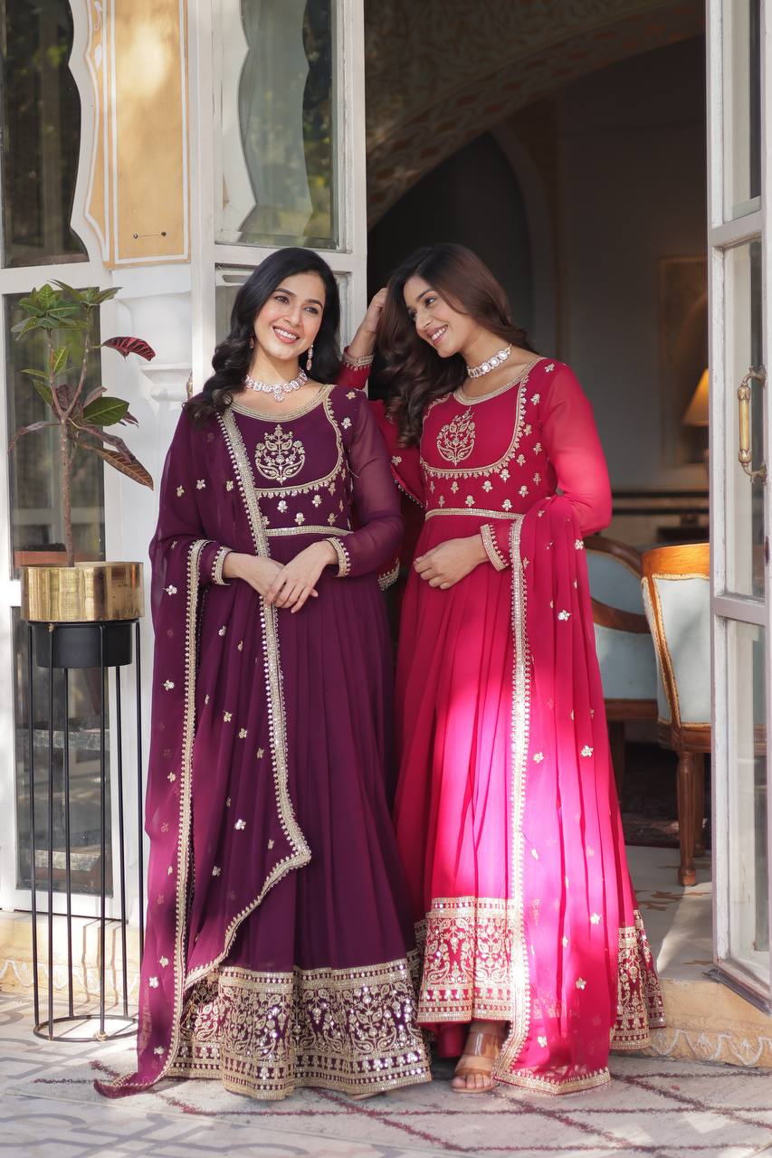 Radiant Faux Georgette Sequins Embroidered Gown With Dupatta - Ethnicwish