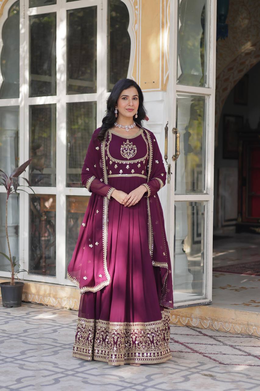Radiant Faux Georgette Sequins Embroidered Gown With Dupatta - Ethnicwish