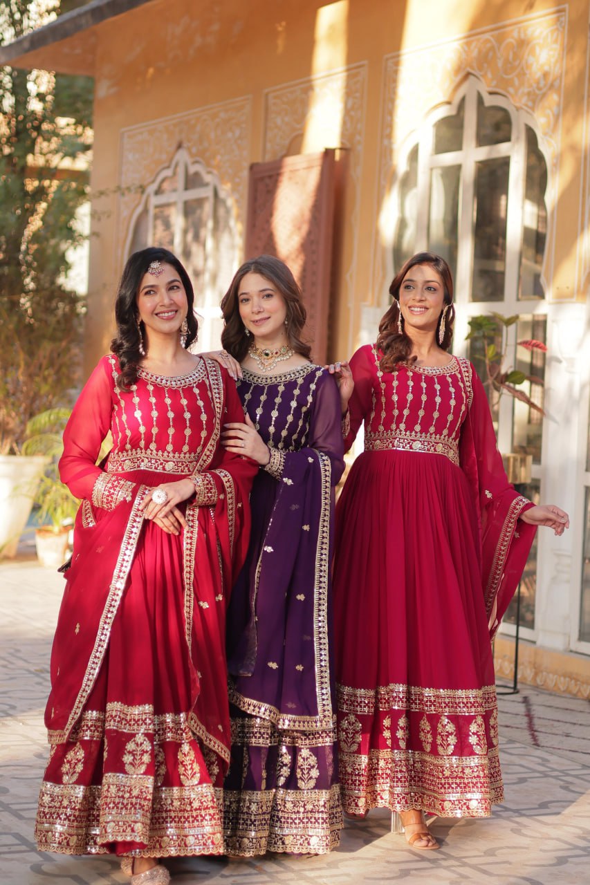 Mesmerizing Faux Georgette Embroidered Zari Sequins Gown Set - Ethnicwish