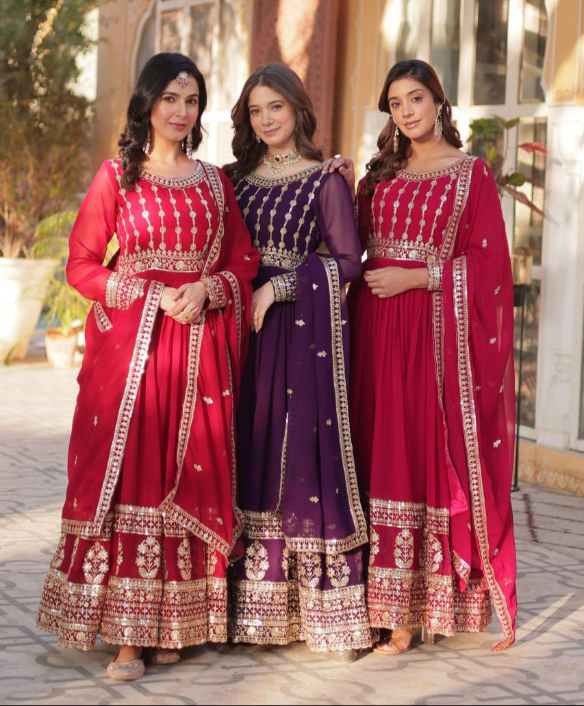 Mesmerizing Faux Georgette Embroidered Zari Sequins Gown Set - Ethnicwish