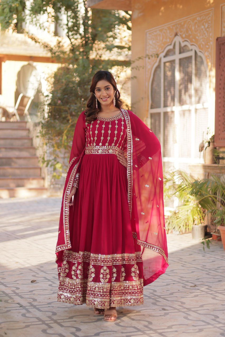 Mesmerizing Faux Georgette Embroidered Zari Sequins Gown Set - Ethnicwish