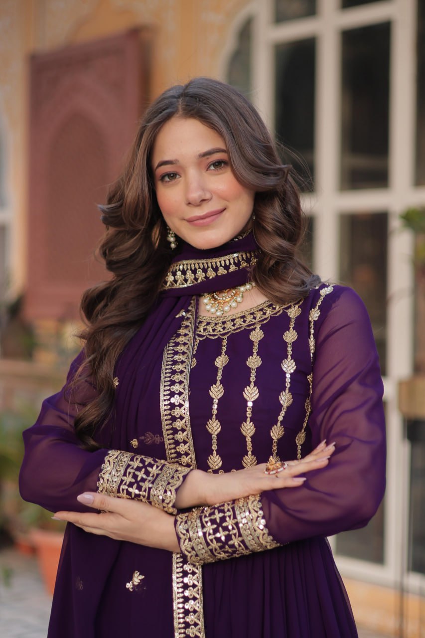 Mesmerizing Faux Georgette Embroidered Zari Sequins Gown Set - Ethnicwish