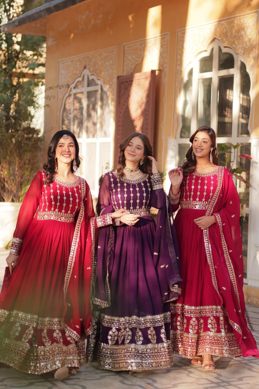 Mesmerizing Faux Georgette Embroidered Zari Sequins Gown Set - Ethnicwish