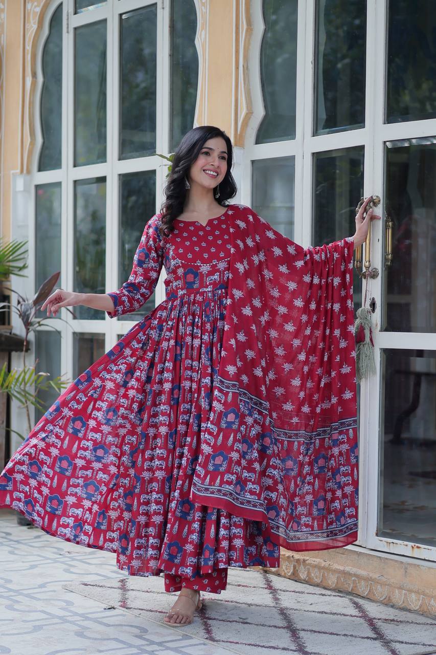 Elegant Pure Cotton Suit Set with Fancy Round Neck With Matching Dupatta - ETHNICDEAL