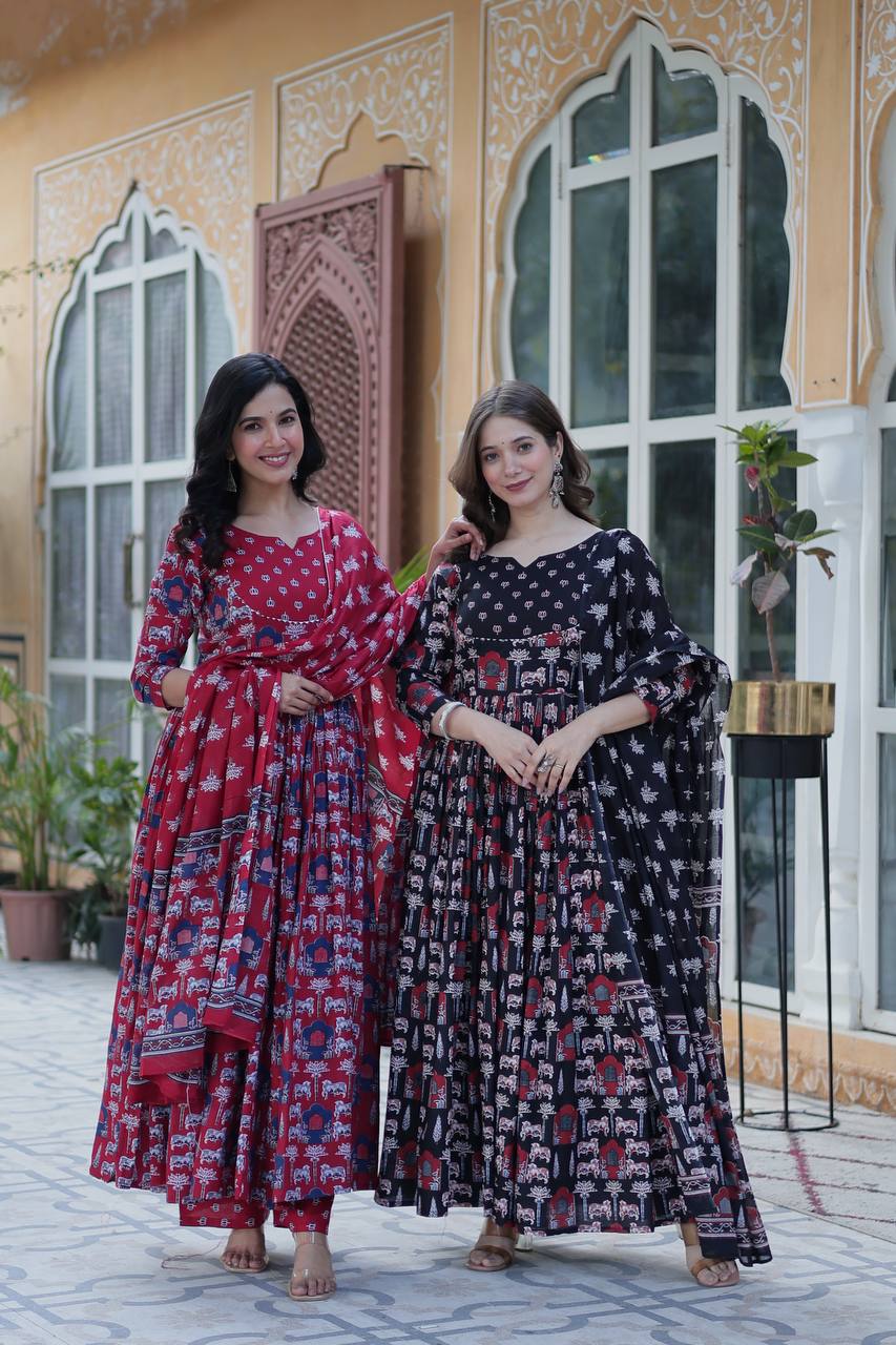 Elegant Pure Cotton Suit Set with Fancy Round Neck With Matching Dupatta - ETHNICDEAL