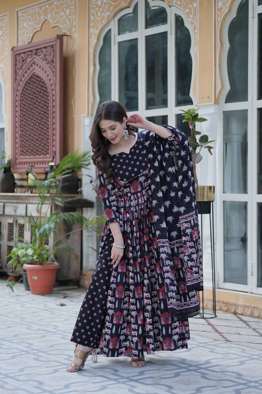 Elegant Pure Cotton Suit Set with Fancy Round Neck With Matching Dupatta - ETHNICDEAL