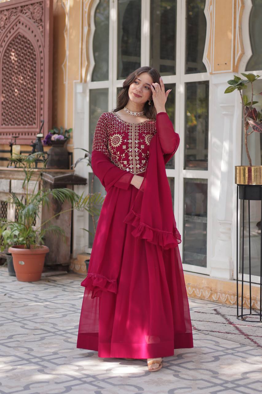 Graceful Faux Blooming Georgette Gown With Dupatta - ETHNICDEAL