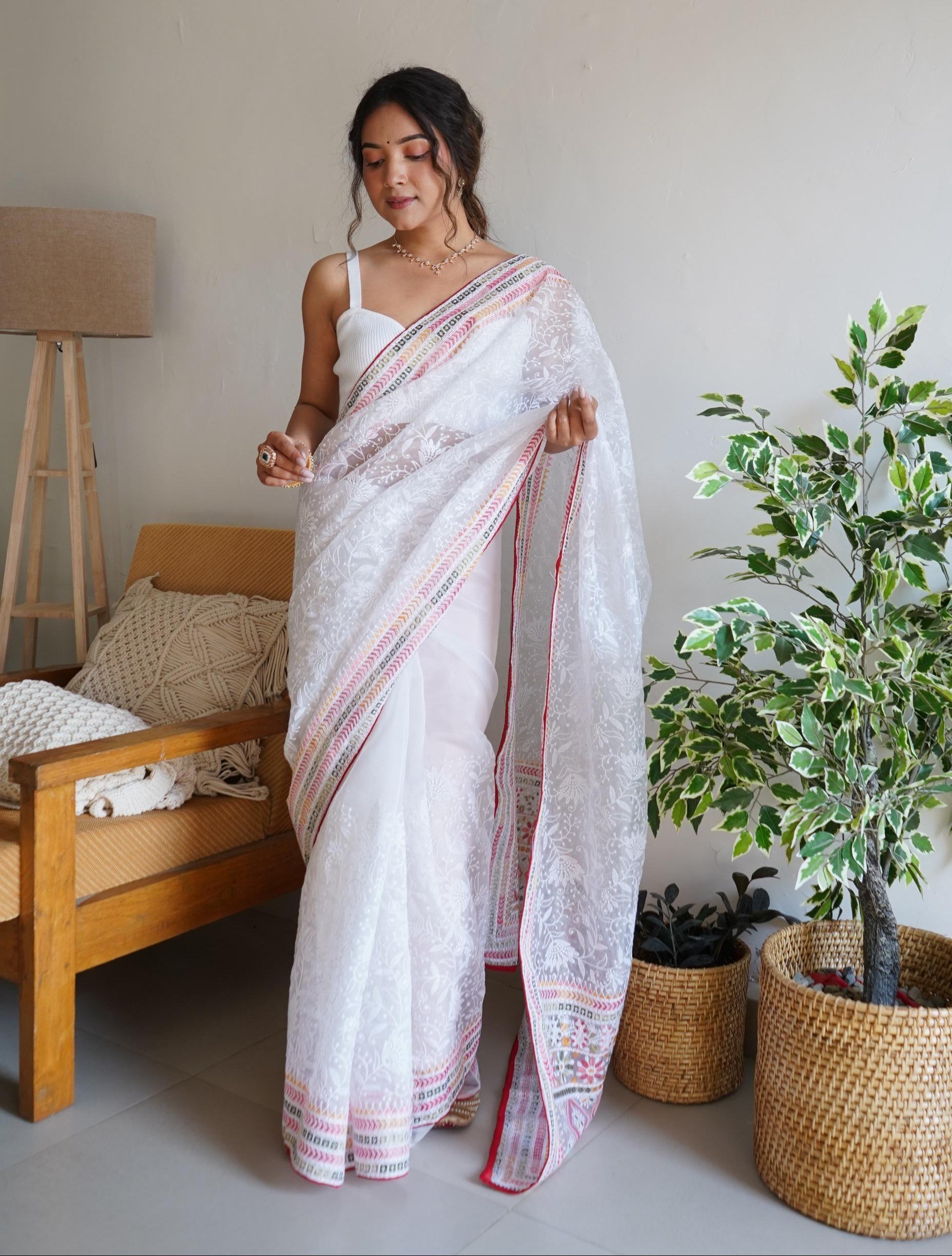 Gorgeous Organza Lucknowi Cotton Thread Embroidered Worked Saree - Ethnicwish