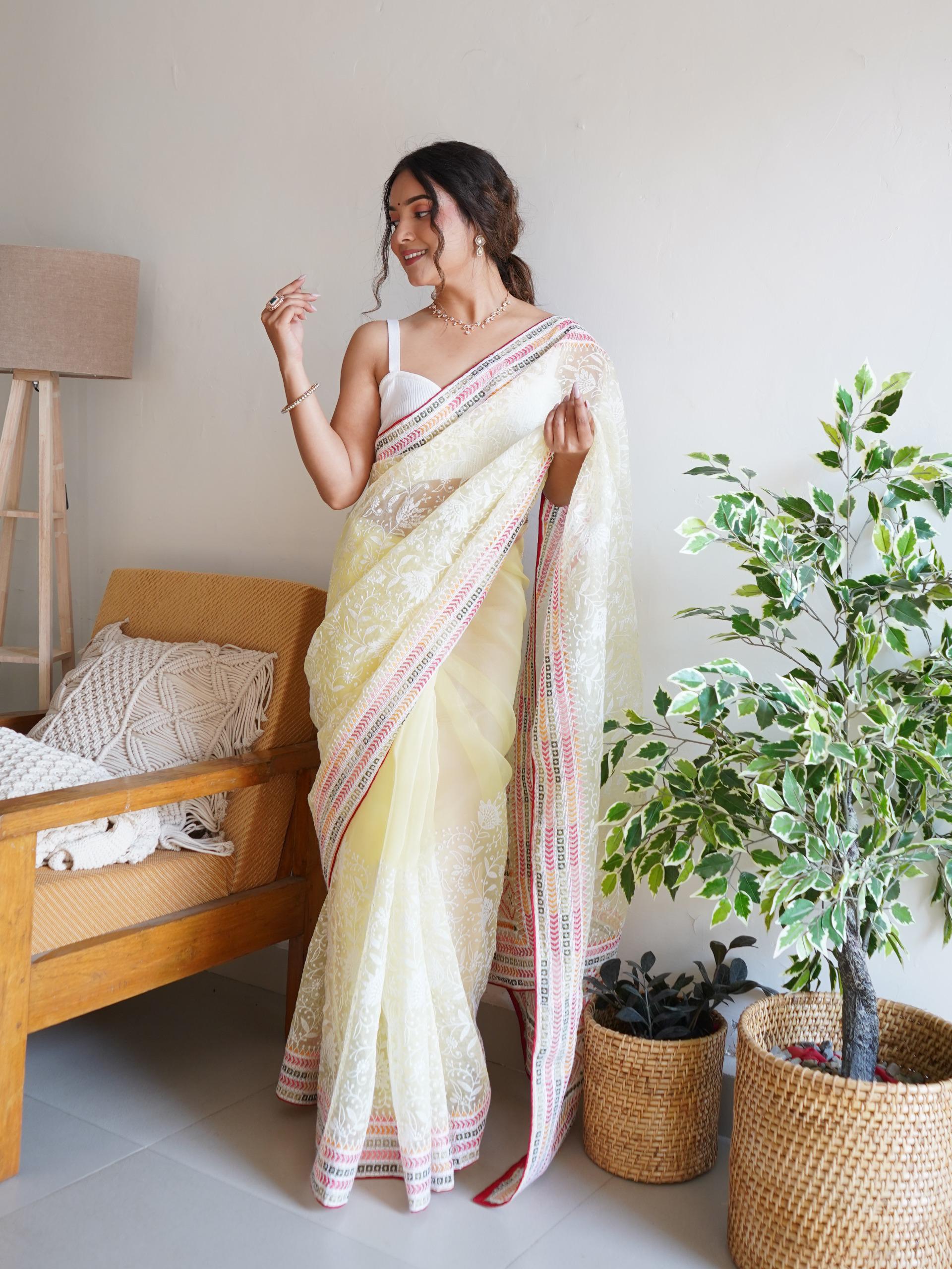 Gorgeous Organza Lucknowi Cotton Thread Embroidered Worked Saree - Ethnicwish