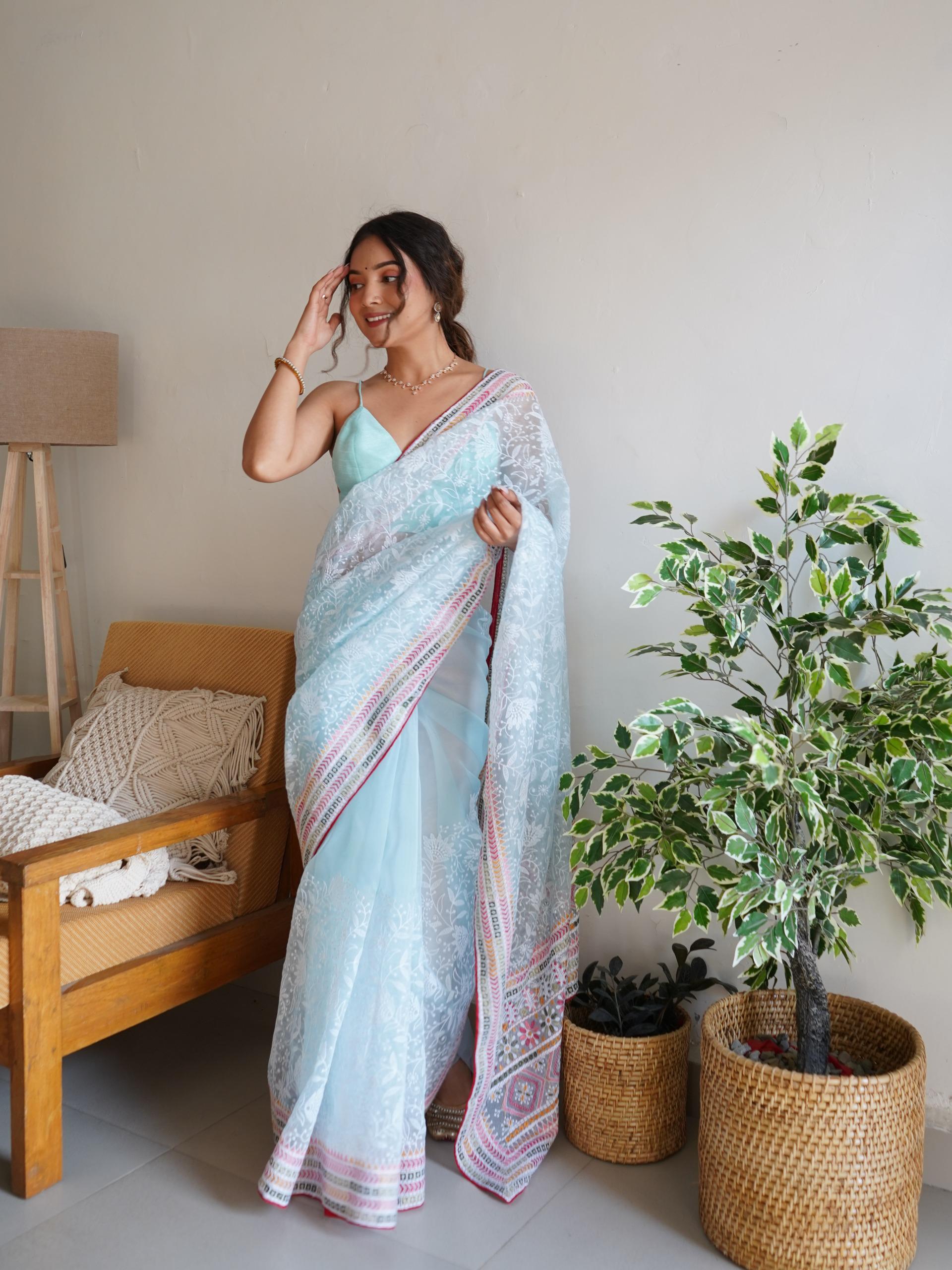 Gorgeous Organza Lucknowi Cotton Thread Embroidered Worked Saree - Ethnicwish