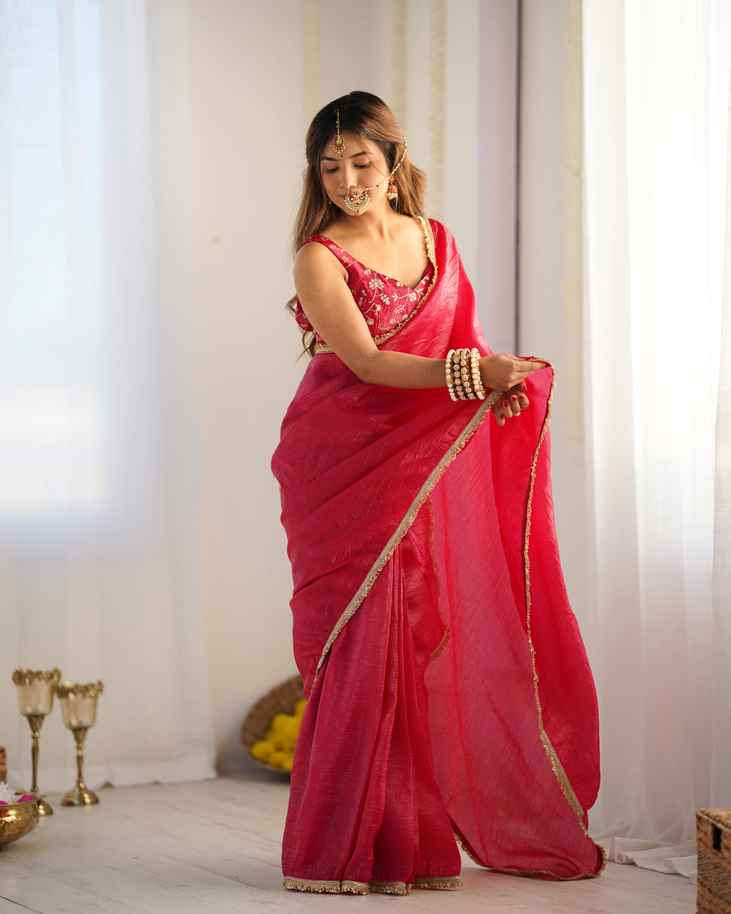 Exquisite Rani Pink Crush Tissue Silk Ready To Wear Saree - Ethnicwish