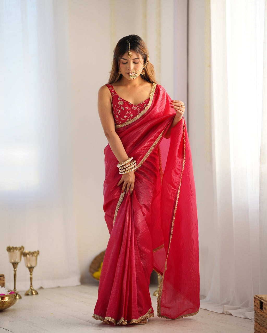 Exquisite Rani Pink Crush Tissue Silk Ready To Wear Saree - Ethnicwish