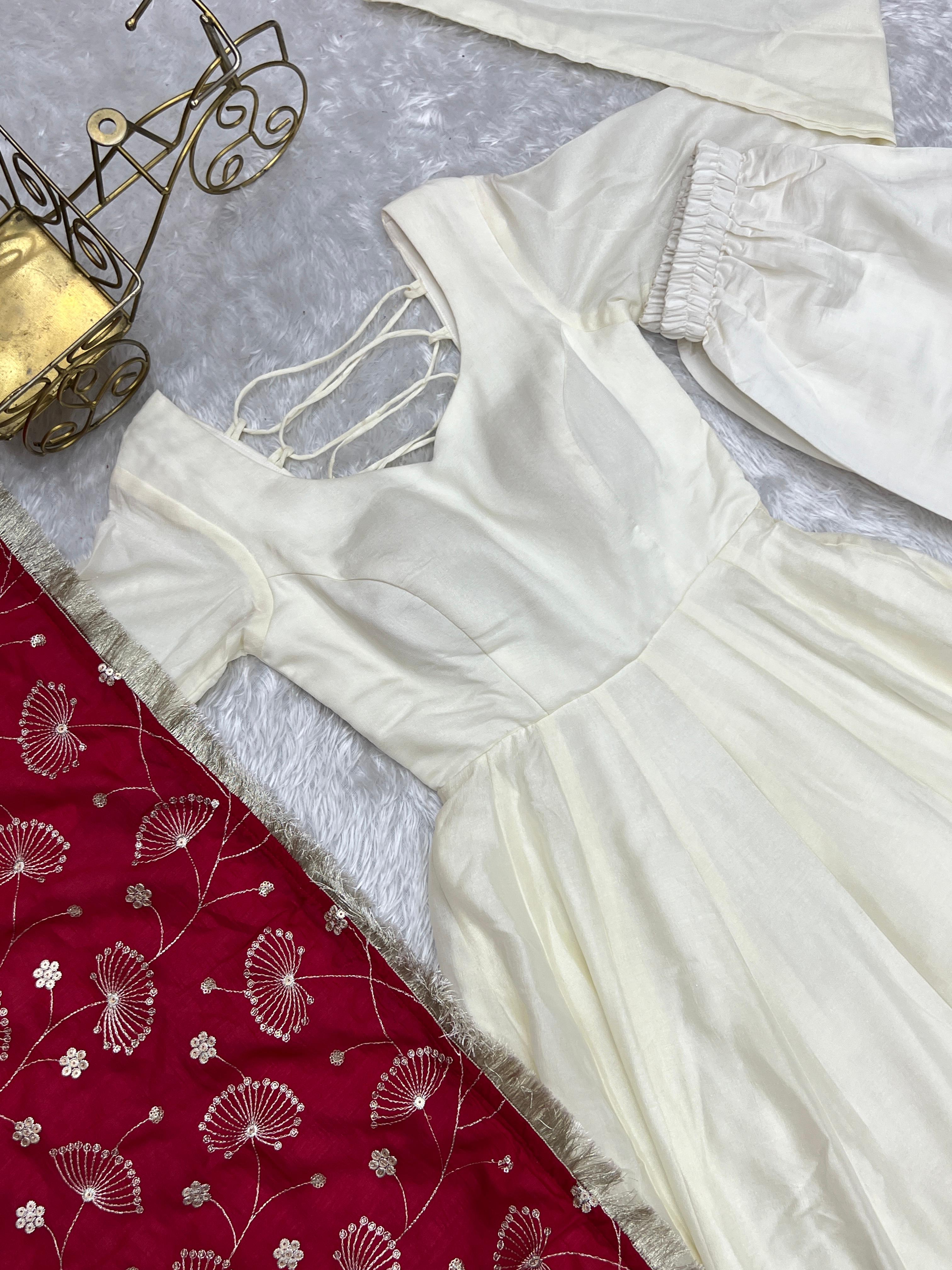 Winsome White Vichitra Silk Anarkali Pant Set With Beautiful Dupatta - Ethnicwish