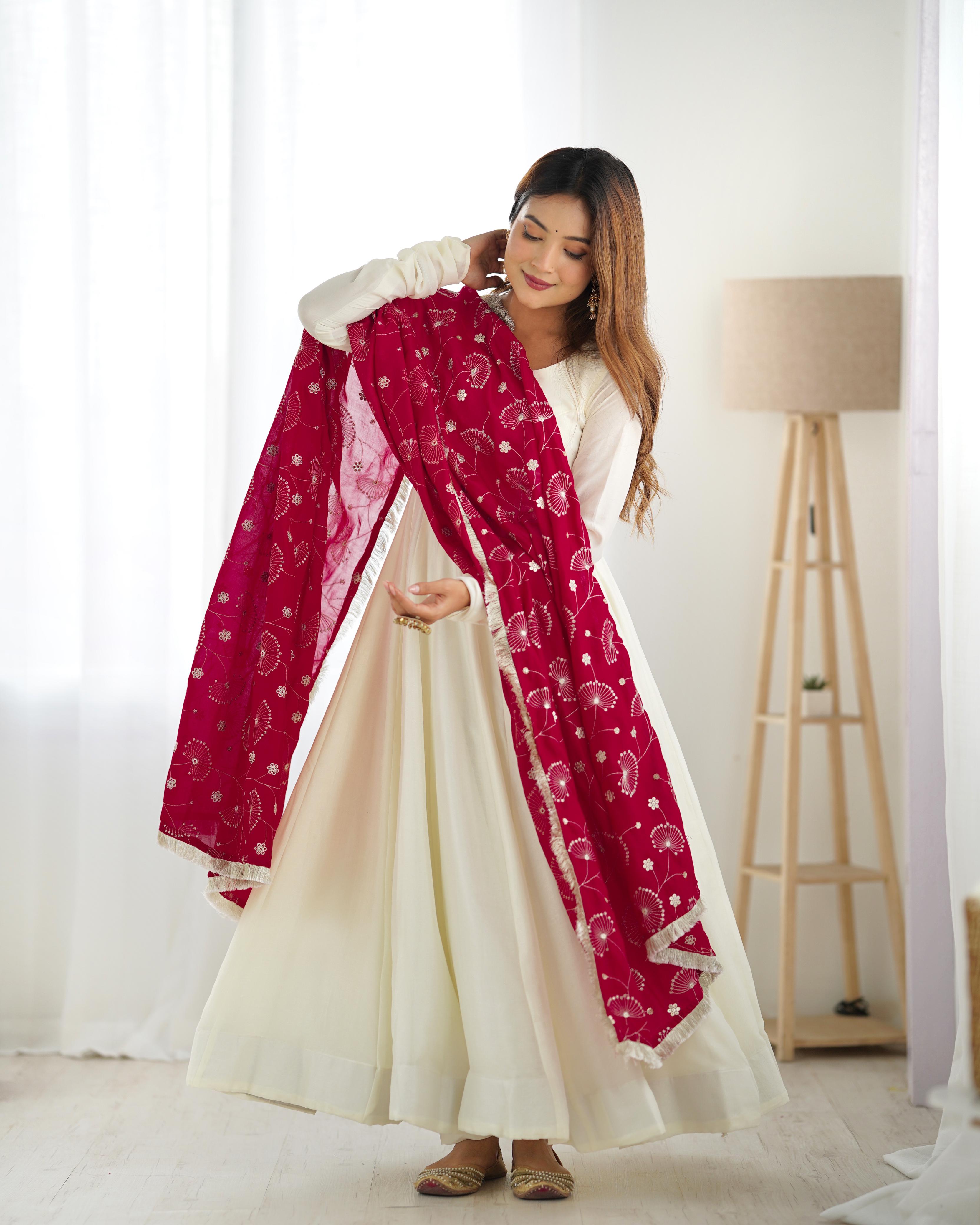 Winsome White Vichitra Silk Anarkali Pant Set With Beautiful Dupatta - Ethnicwish