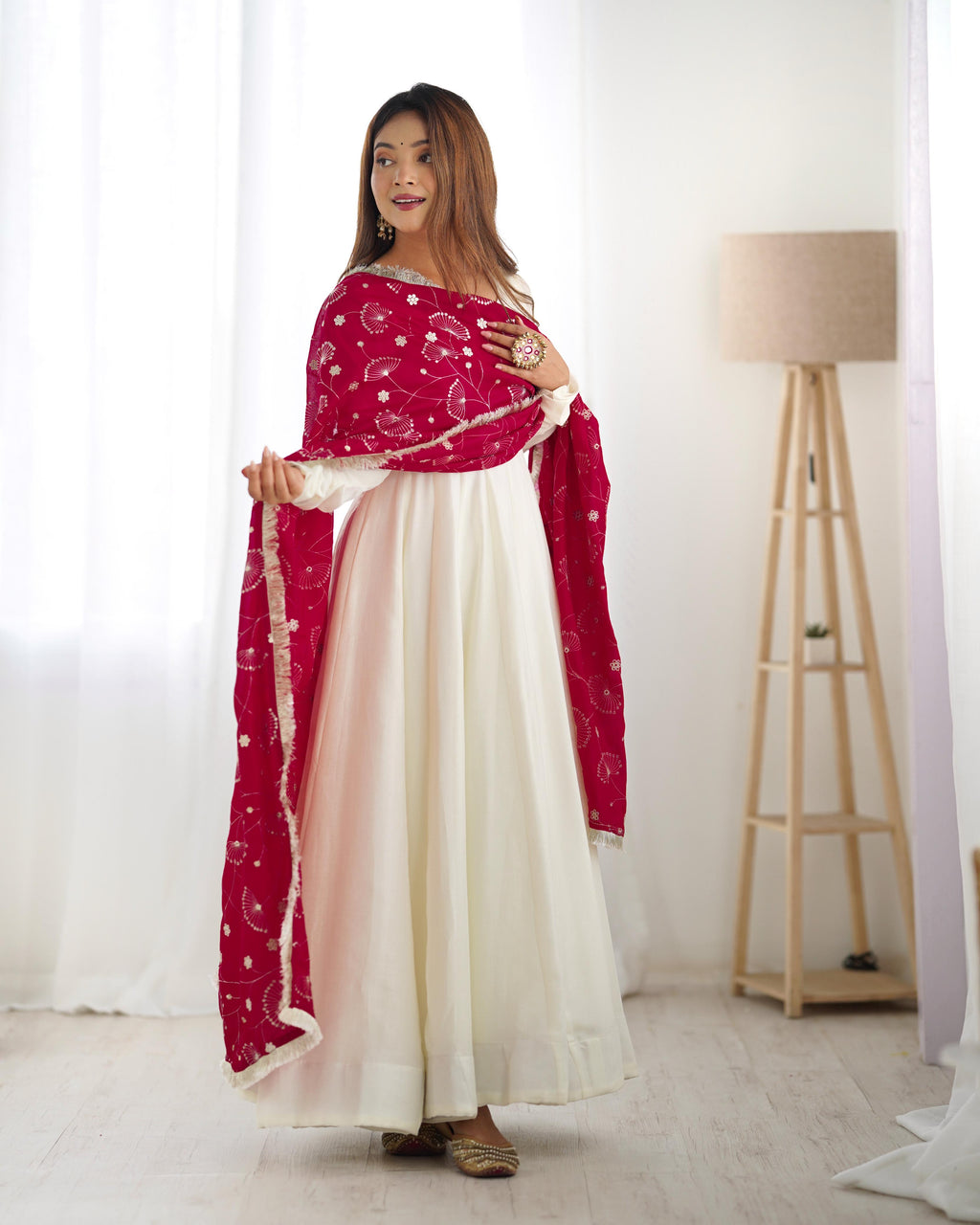 Winsome White Vichitra Silk Anarkali Pant Set With Beautiful Dupatta - Ethnicwish