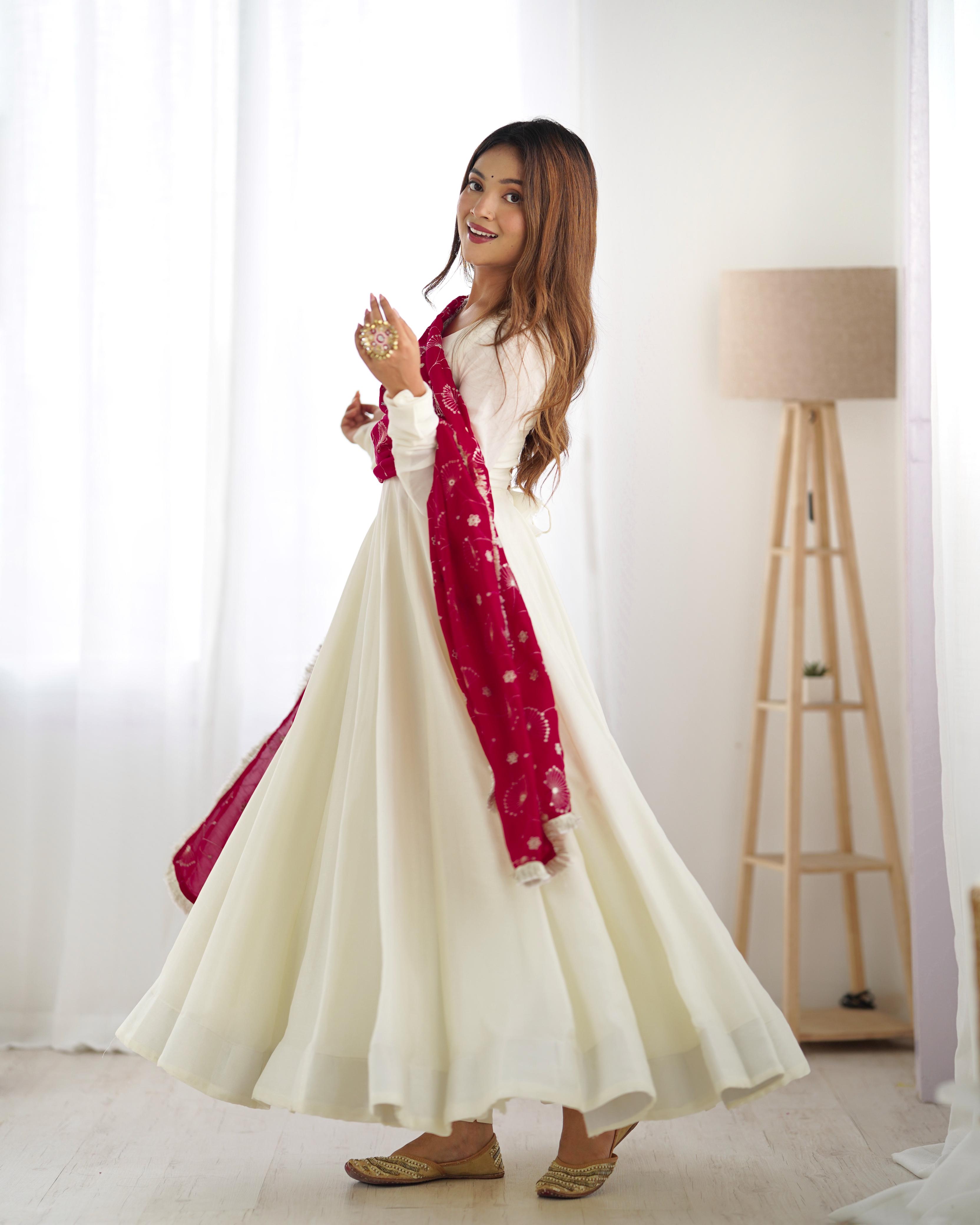 Winsome White Vichitra Silk Anarkali Pant Set With Beautiful Dupatta - Ethnicwish