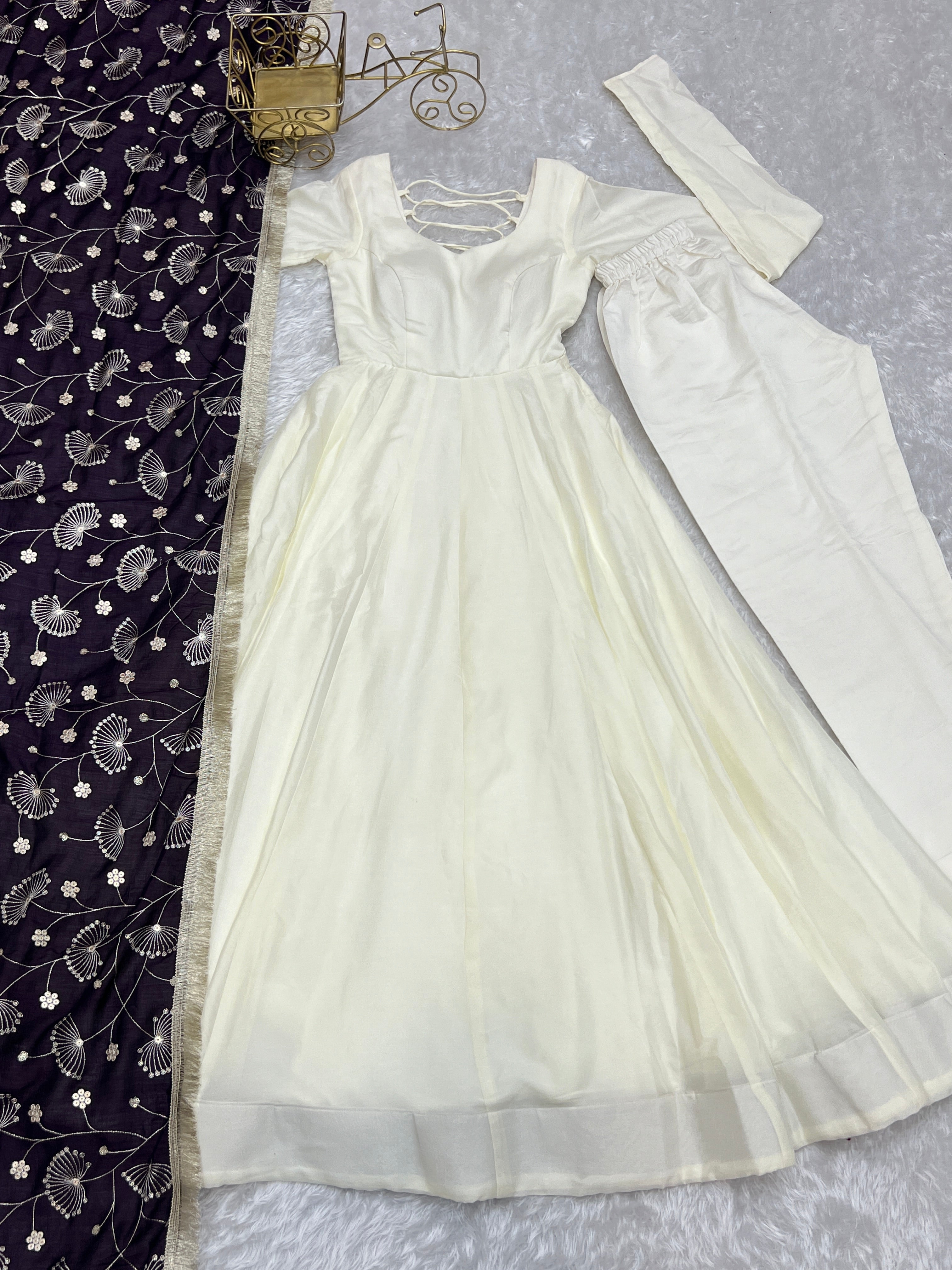 Winsome White Vichitra Silk Anarkali Pant Set With Beautiful Dupatta - Ethnicwish