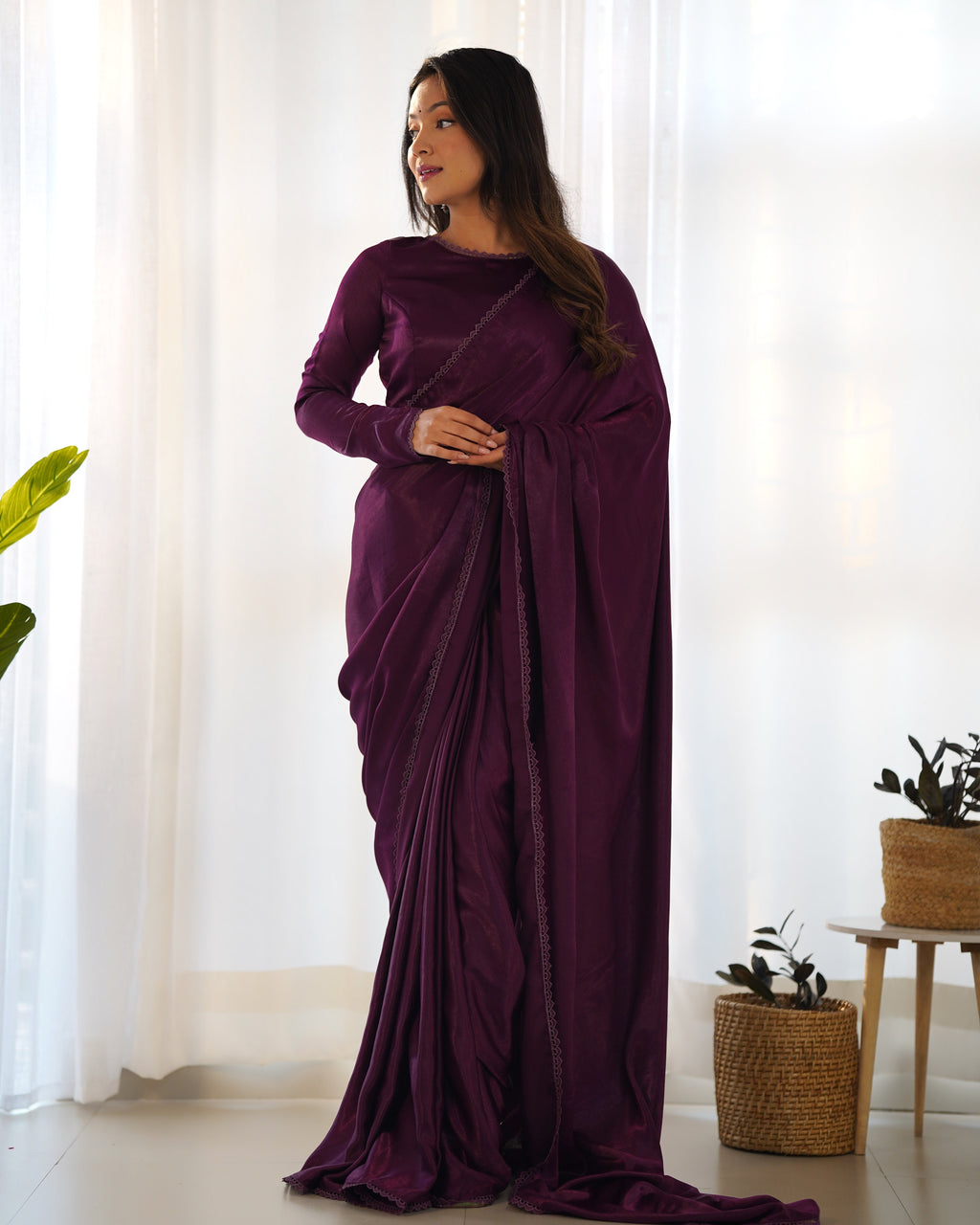 Radiant Wine Premium Marble Velvet Ready To Wear Saree - Ethnicwish
