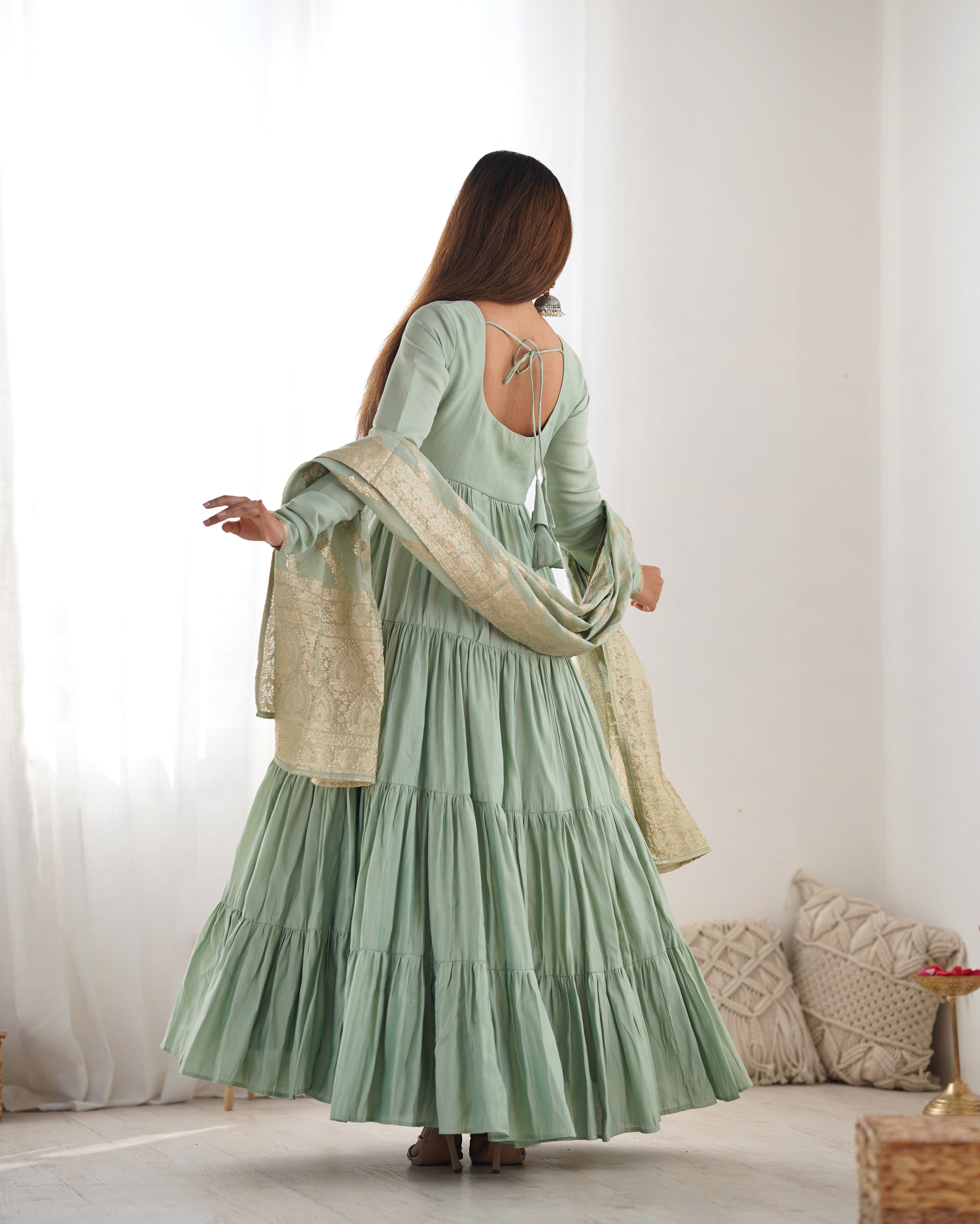 Elegant Pure Roman Silk 9 Mtr Flared Designer Anarkali Suit - Ethnicwish