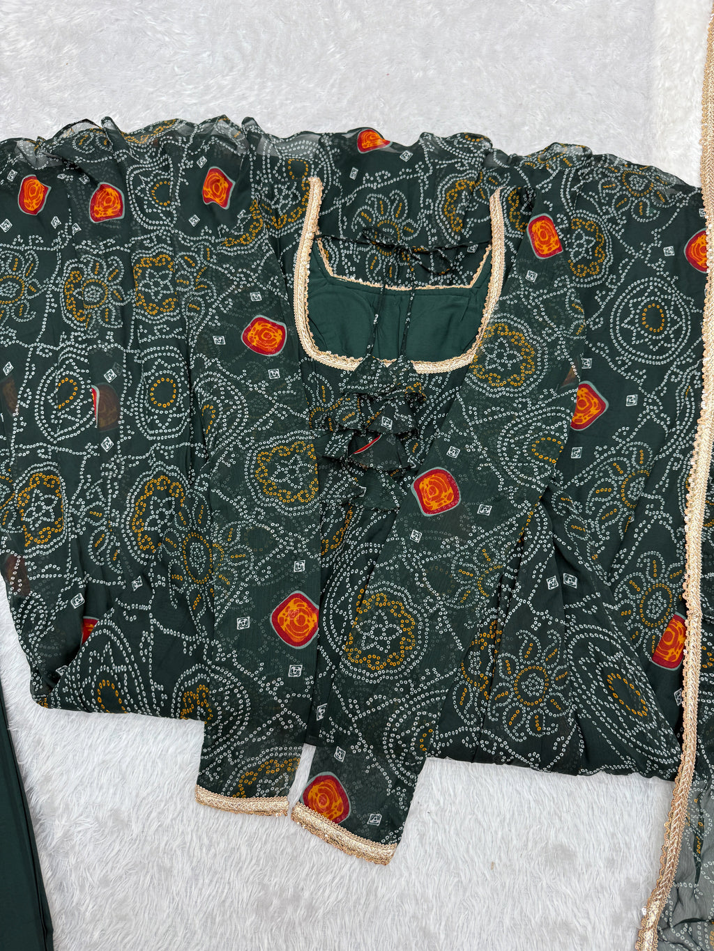 Stylish Pure Chiffon Intricate Bandhej Printed Anarkali Pant Suit - ETHNICDEAL