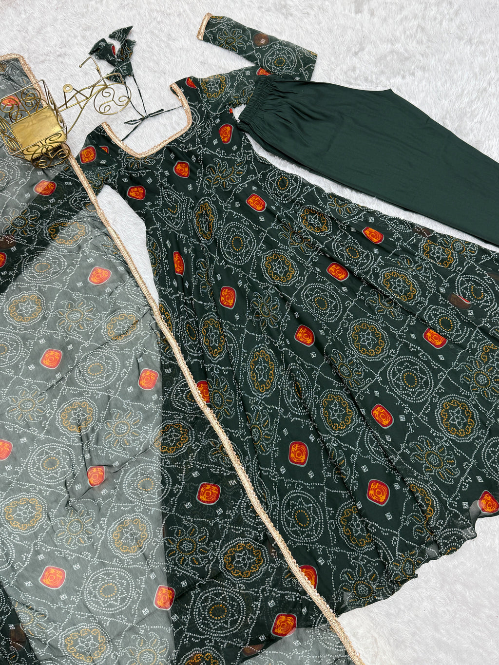 Stylish Pure Chiffon Intricate Bandhej Printed Anarkali Pant Suit - ETHNICDEAL