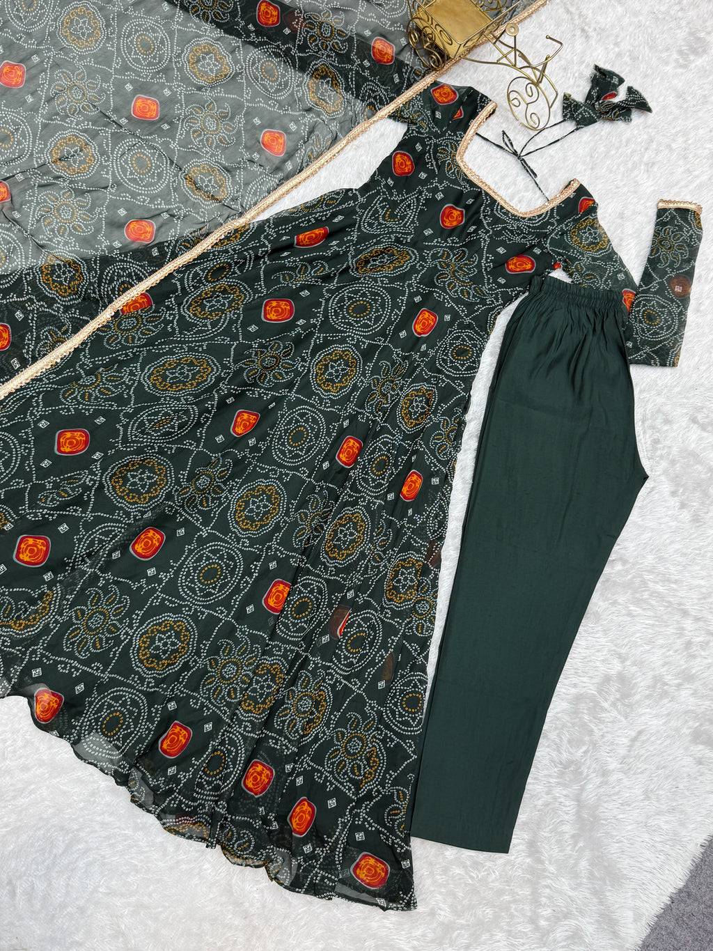 Stylish Pure Chiffon Intricate Bandhej Printed Anarkali Pant Suit - ETHNICDEAL