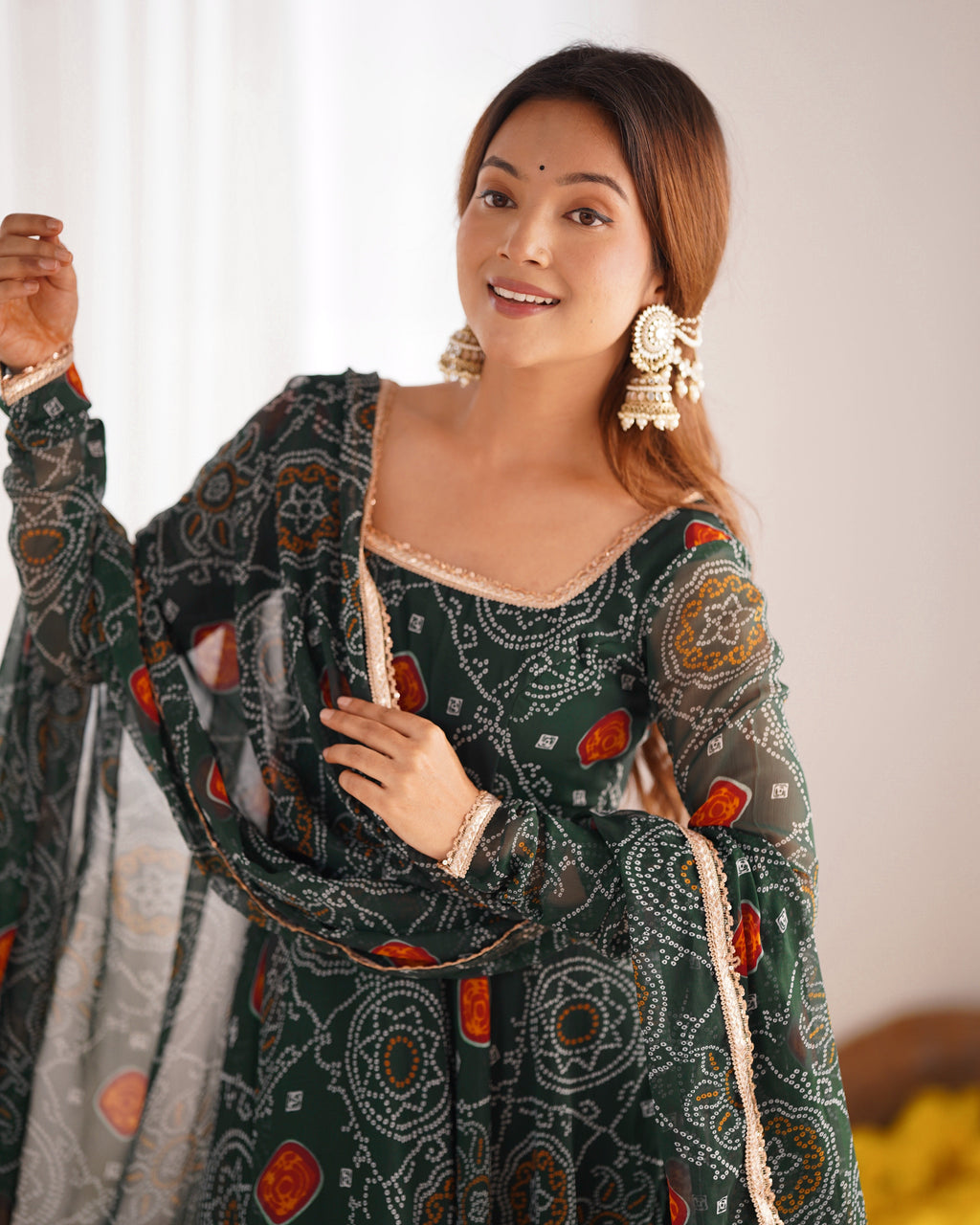 Stylish Pure Chiffon Intricate Bandhej Printed Anarkali Pant Suit - ETHNICDEAL