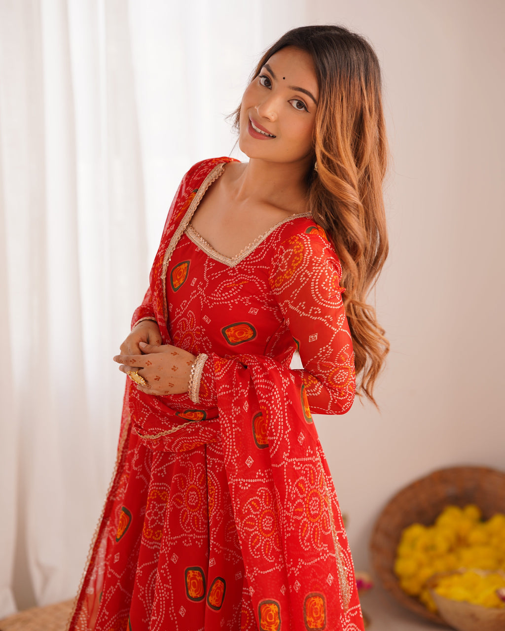 Stylish Pure Chiffon Intricate Bandhej Printed Anarkali Pant Suit - Ethnicwish