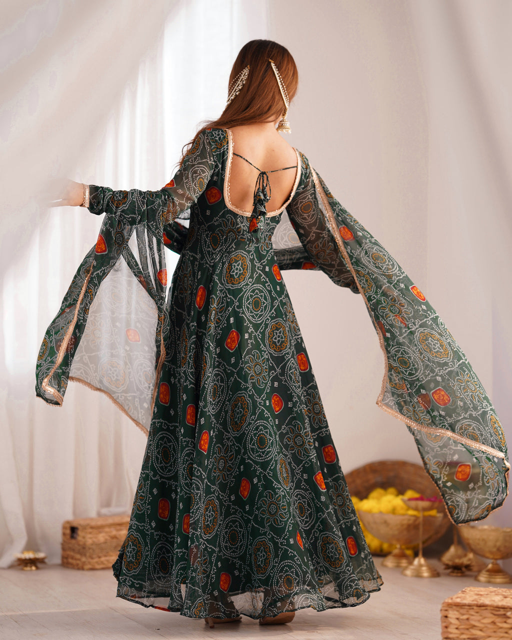 Stylish Pure Chiffon Intricate Bandhej Printed Anarkali Pant Suit - ETHNICDEAL