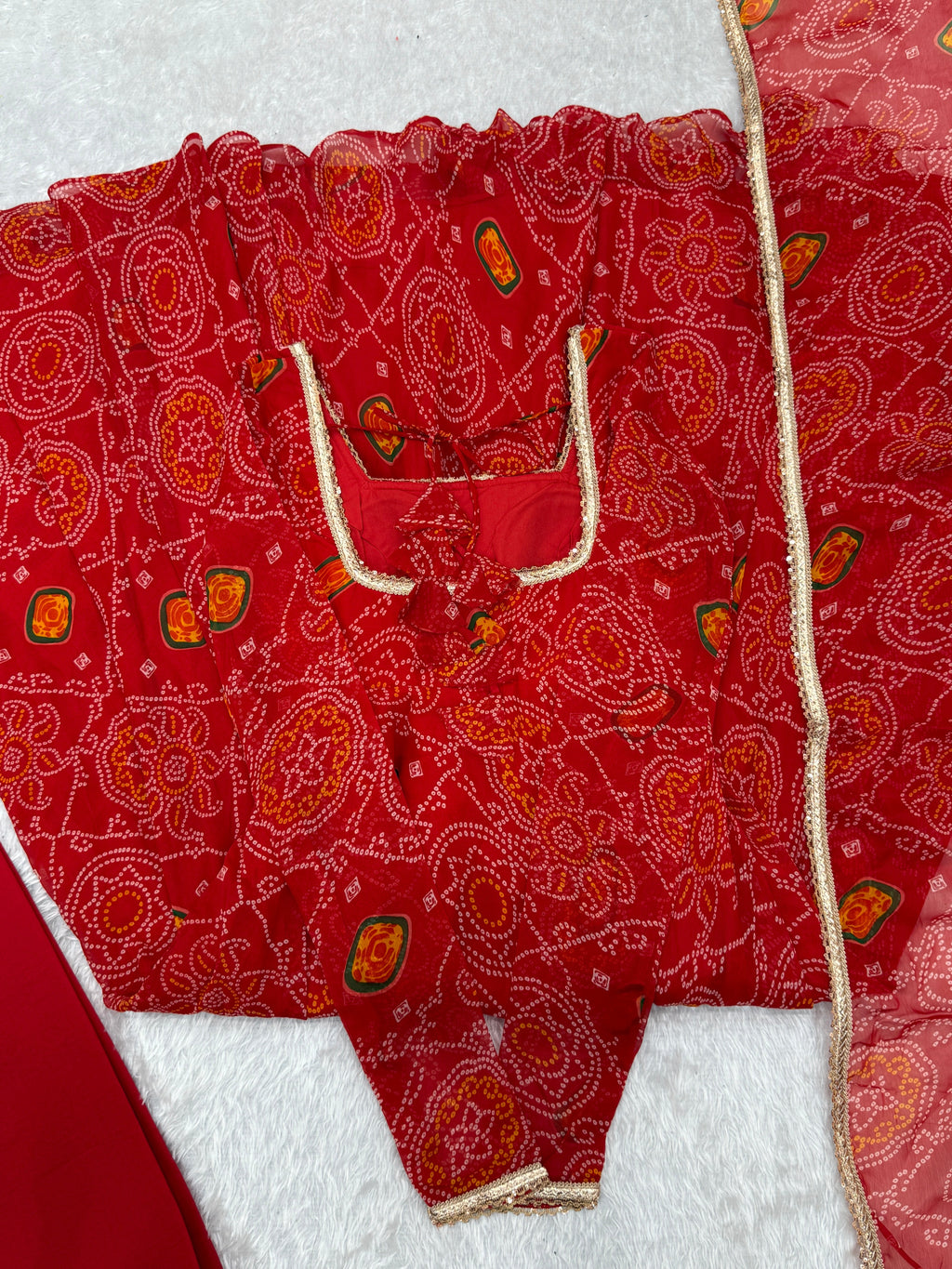 Stylish Pure Chiffon Intricate Bandhej Printed Anarkali Pant Suit - Ethnicwish