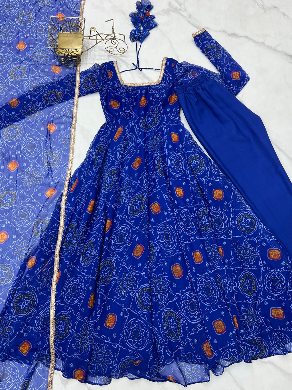 Stylish Pure Chiffon Intricate Bandhej Printed Anarkali Pant Suit - ETHNICDEAL