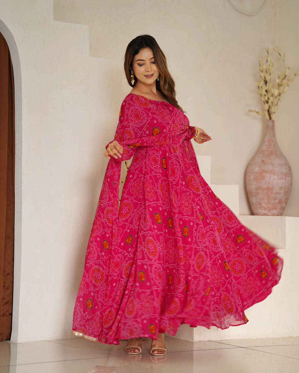 Stylish Pure Chiffon Intricate Bandhej Printed Anarkali Pant Suit - Ethnicwish