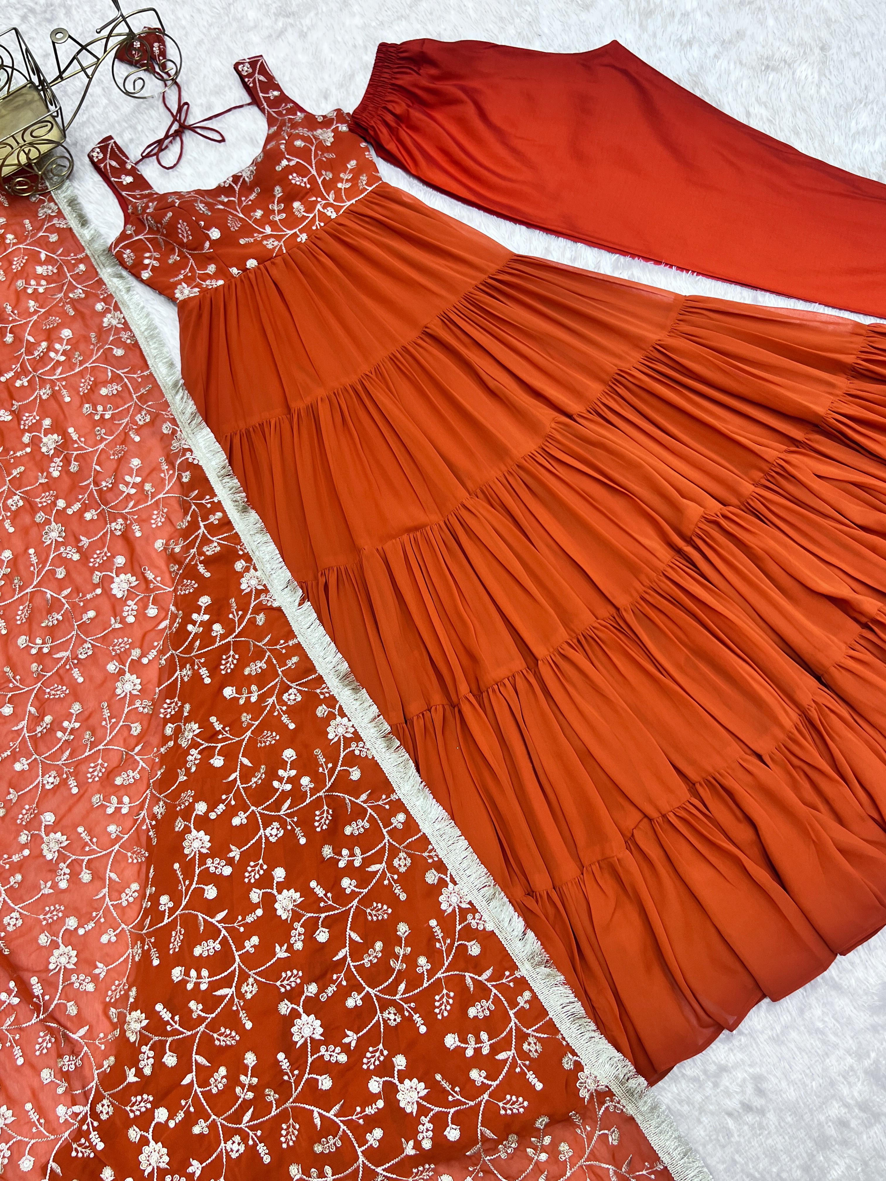 Regal Elegance in Every Twirl – Premium Rust Anarkali Set - Ethnicwish