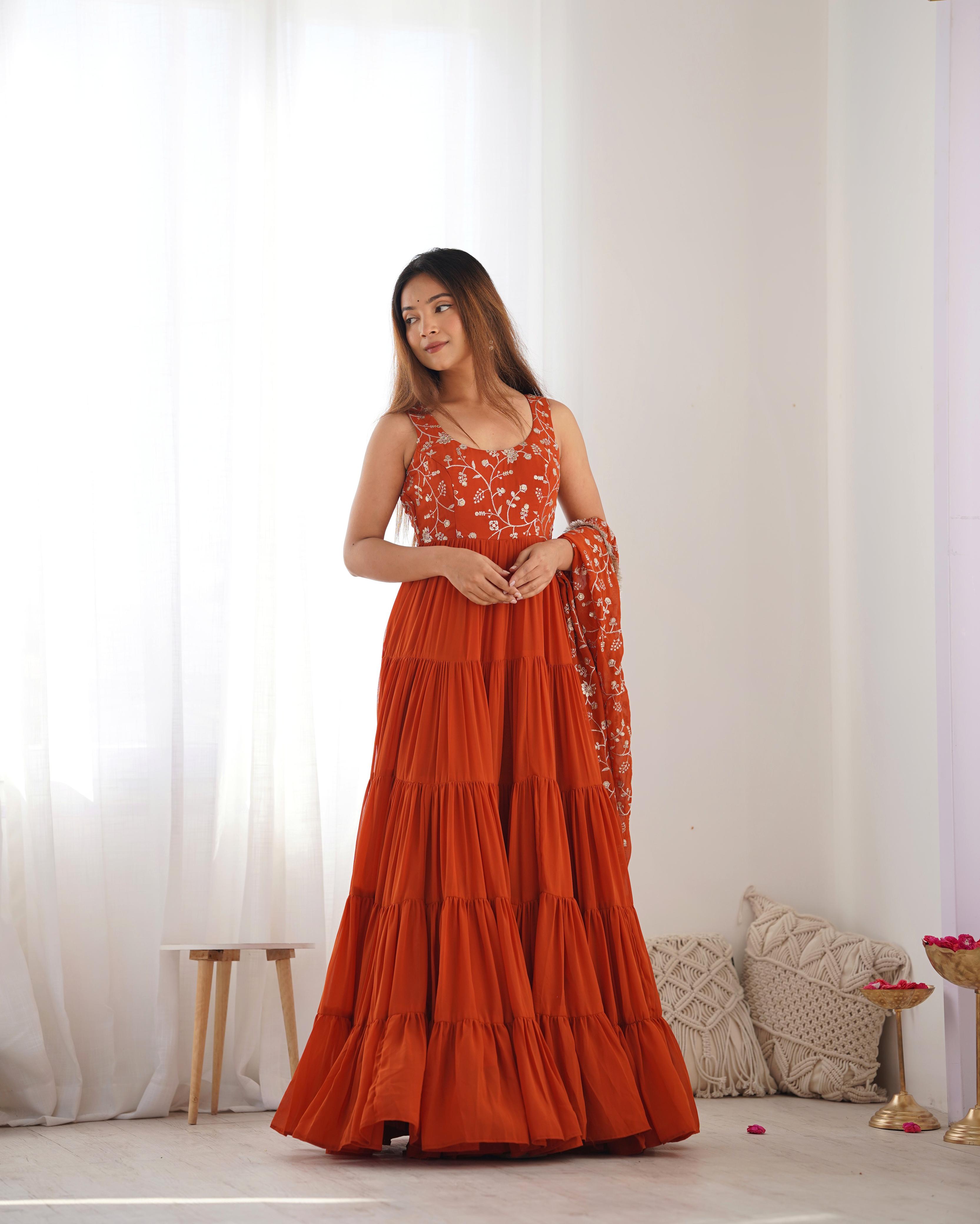 Regal Elegance in Every Twirl – Premium Rust Anarkali Set - Ethnicwish