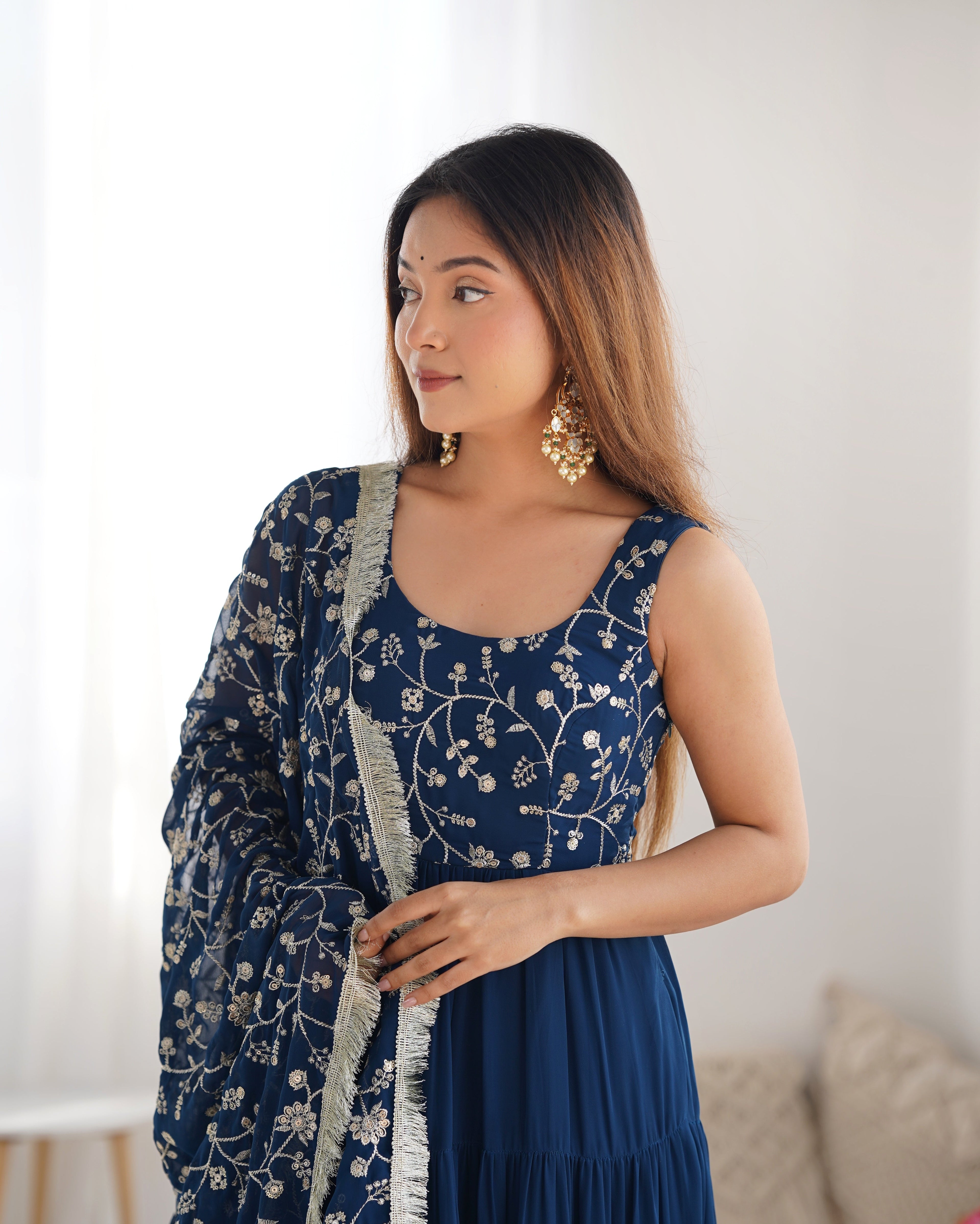 Regal Elegance in Every Twirl – Premium Teal Blue Anarkali Set - Ethnicwish