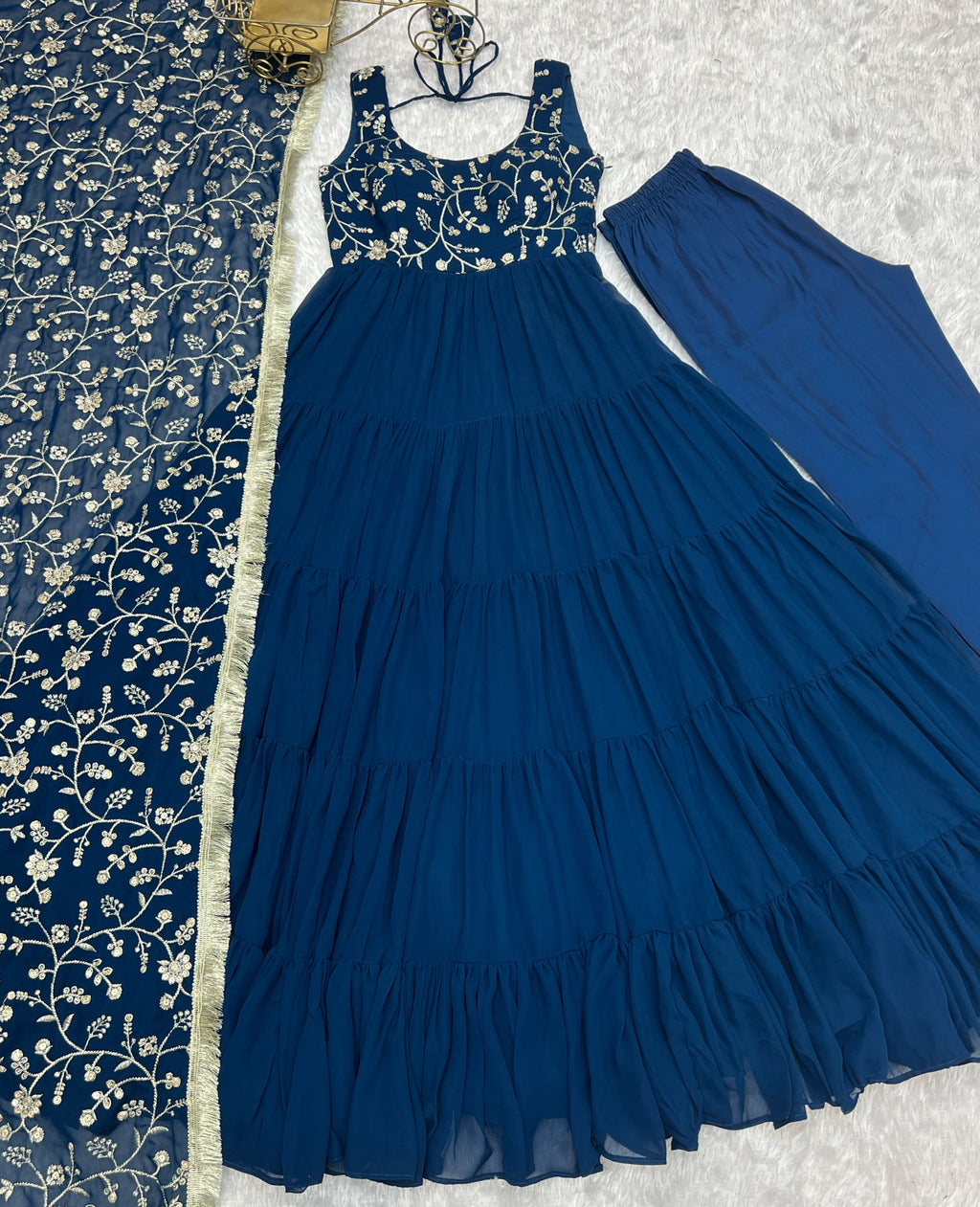 Regal Elegance in Every Twirl – Premium Teal Blue Anarkali Set - Ethnicwish