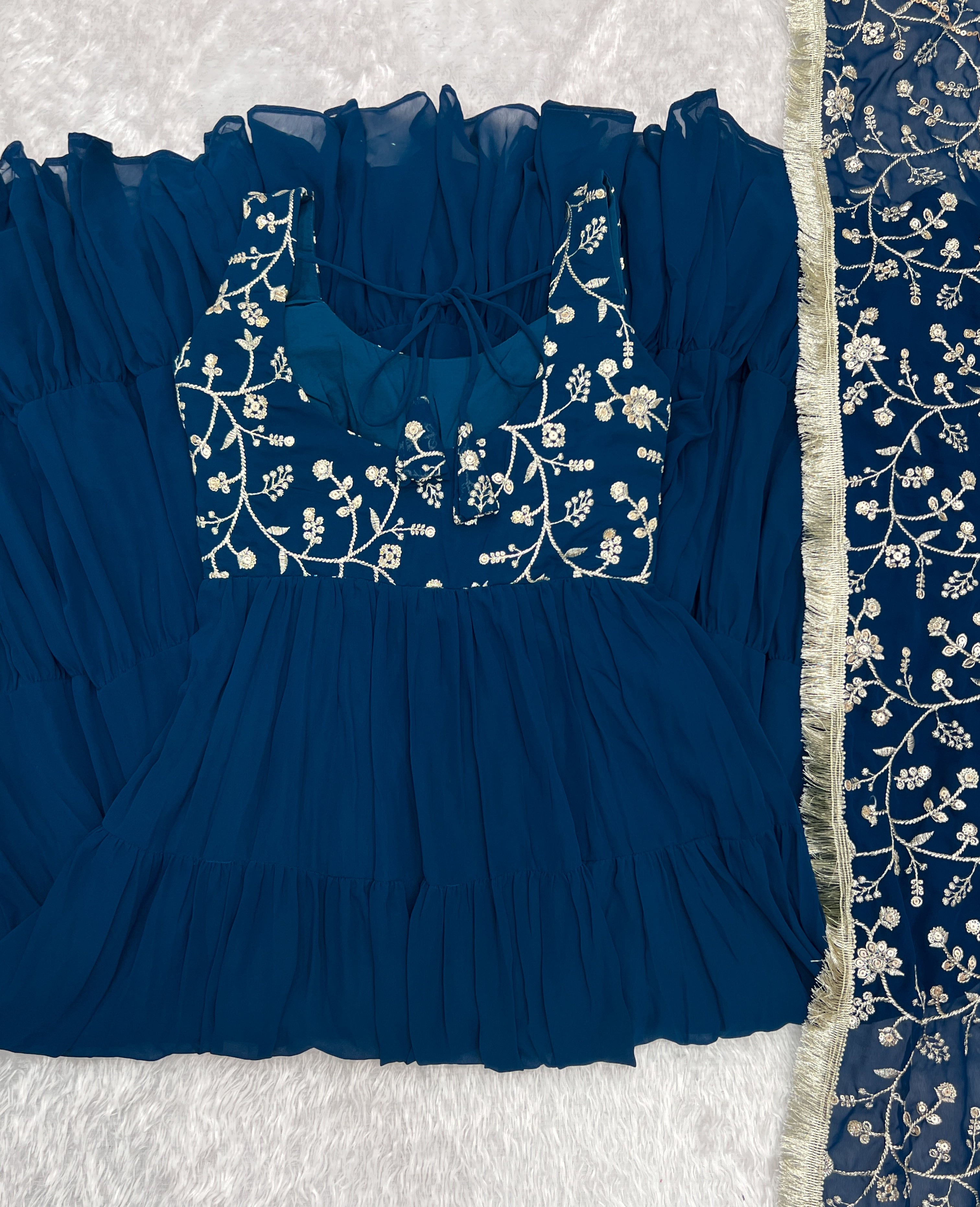 Regal Elegance in Every Twirl – Premium Teal Blue Anarkali Set - Ethnicwish