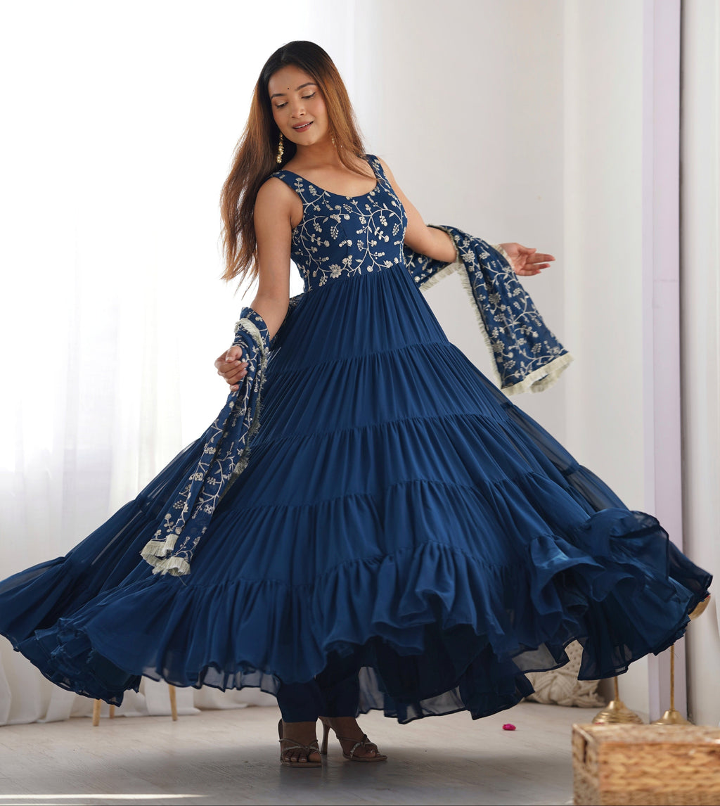 Regal Elegance in Every Twirl – Premium Teal Blue Anarkali Set - Ethnicwish