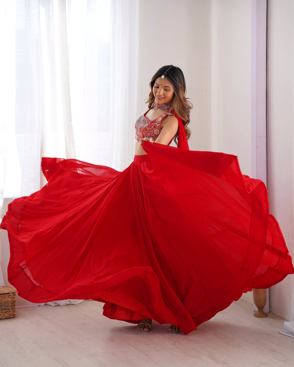 Fabulous Red Pure Soft Faux Georgette Fully Stitched Lehenga Choli Set - Ethnicwish
