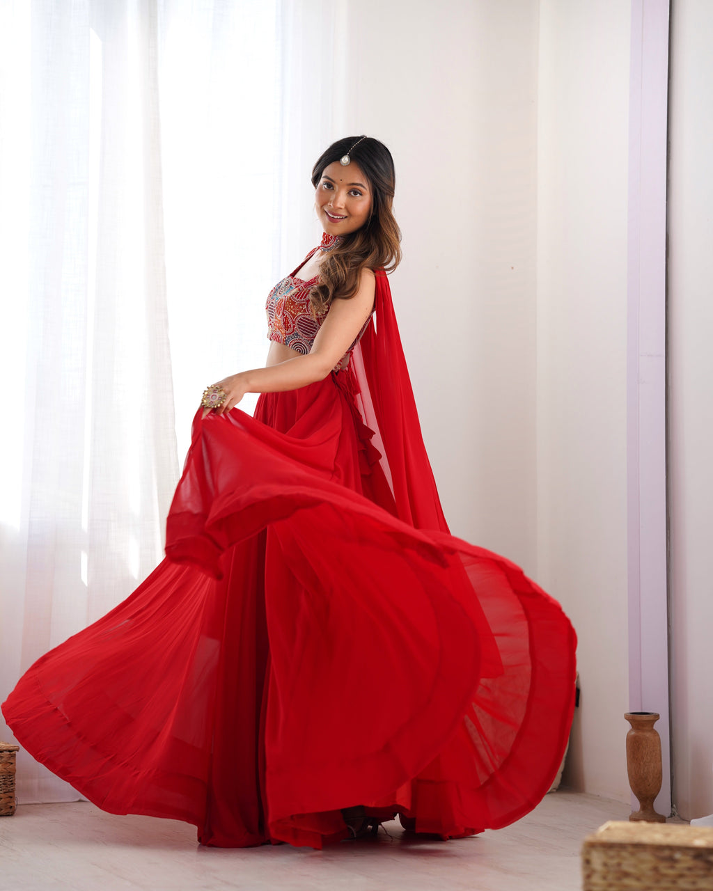 Fabulous Red Pure Soft Faux Georgette Fully Stitched Lehenga Choli Set - Ethnicwish