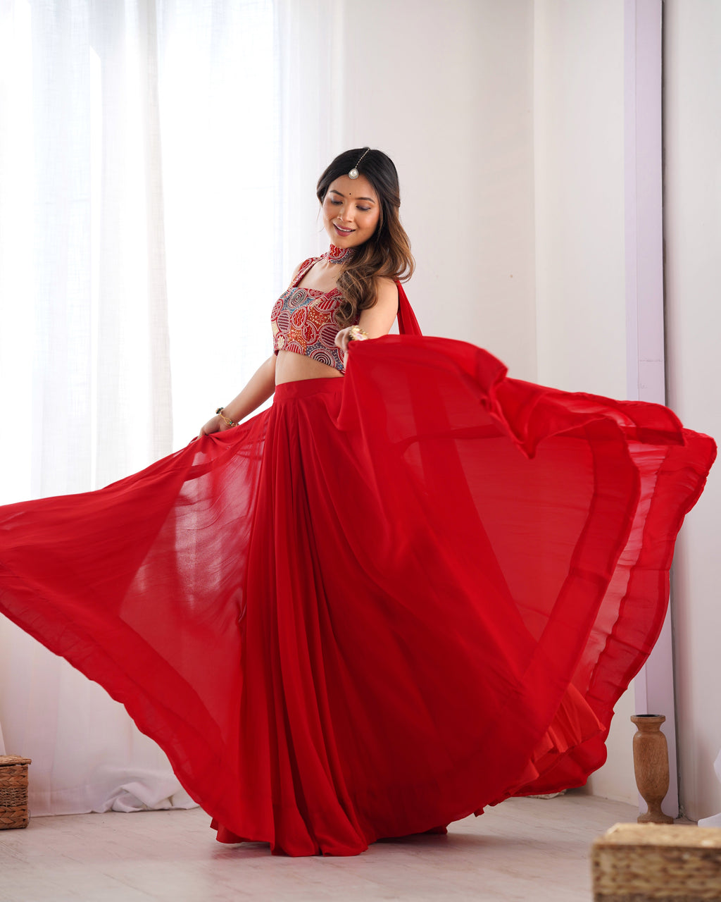 Fabulous Red Pure Soft Faux Georgette Fully Stitched Lehenga Choli Set - Ethnicwish
