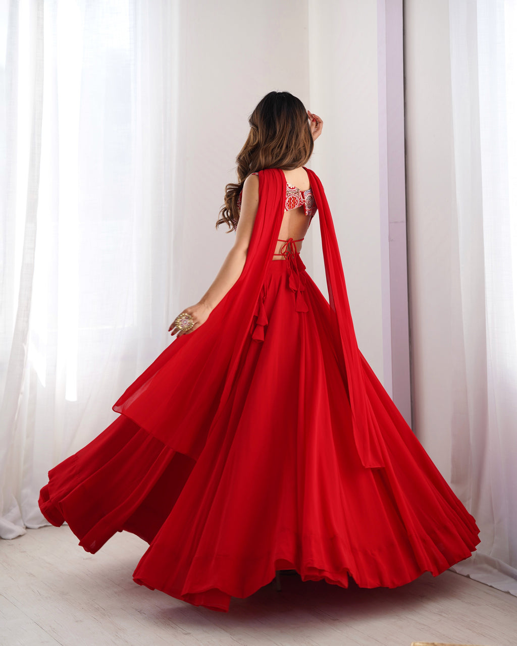 Fabulous Red Pure Soft Faux Georgette Fully Stitched Lehenga Choli Set - Ethnicwish