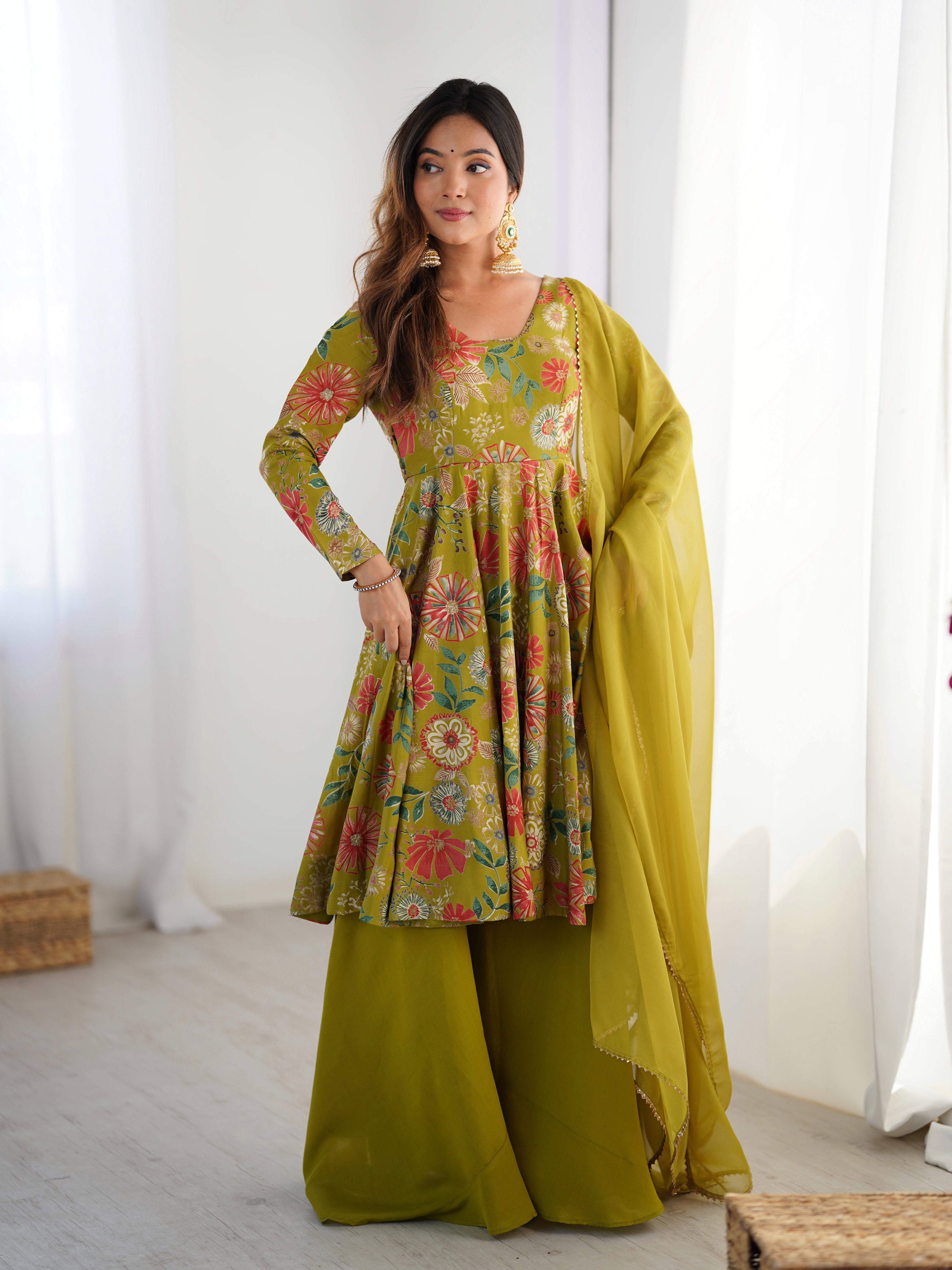 Exquisite Pure Soft Roman Silk Kediya Kurta Palazzo Set - ETHNICDEAL