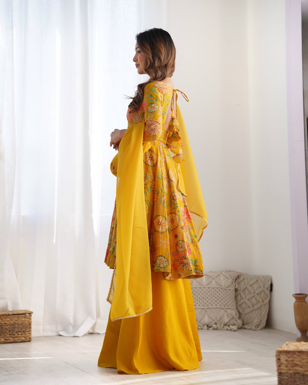 Yellow Pure Soft Roman Silk Kediya Kurta Palazzo Set - Ethnicwish