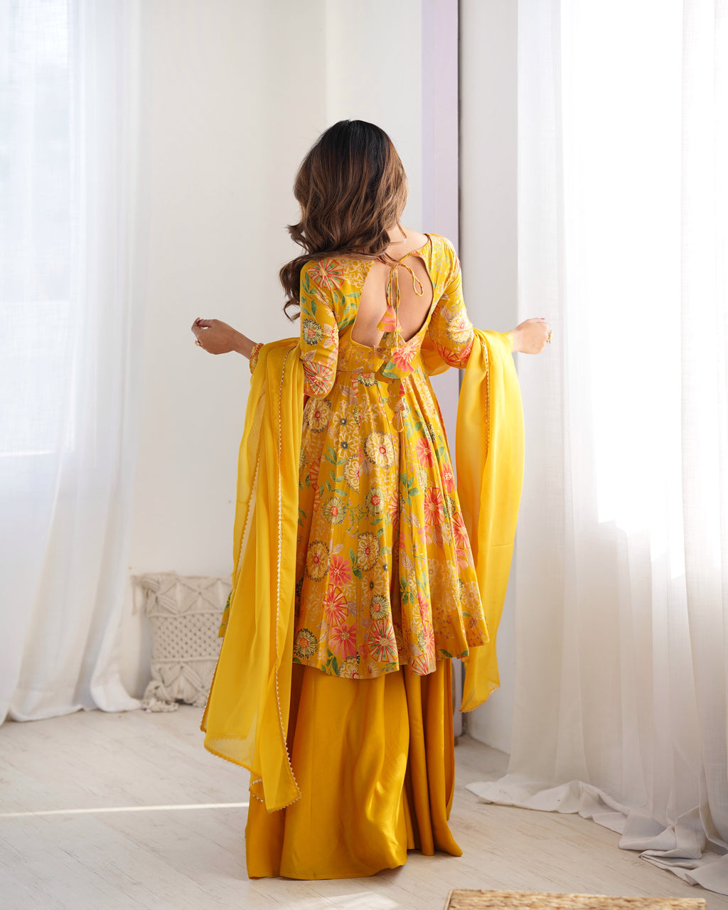 Yellow Pure Soft Roman Silk Kediya Kurta Palazzo Set - Ethnicwish